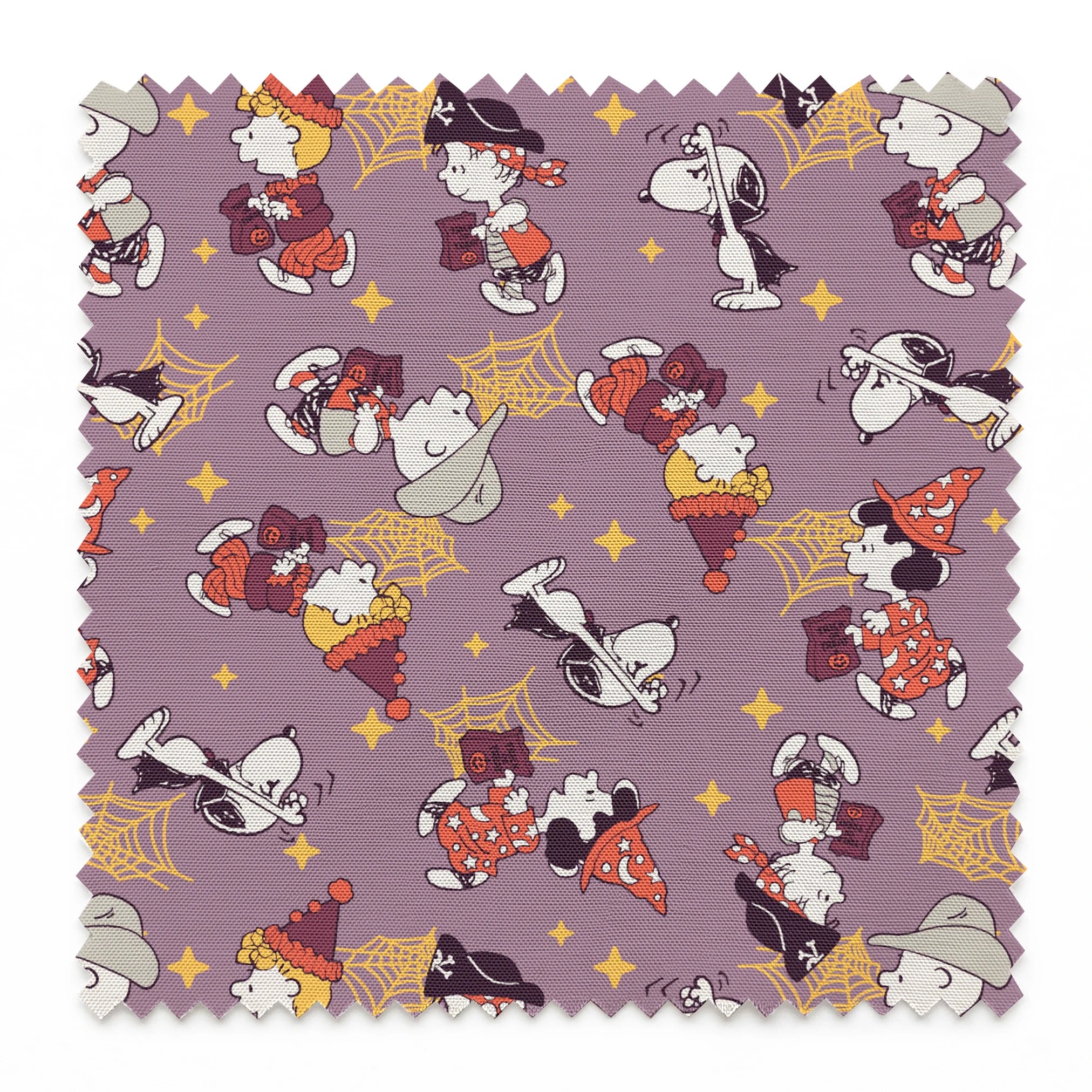 Snoopy and Peanuts characters in fall outfits with pumpkins and stars on purple background springs swatch pinked