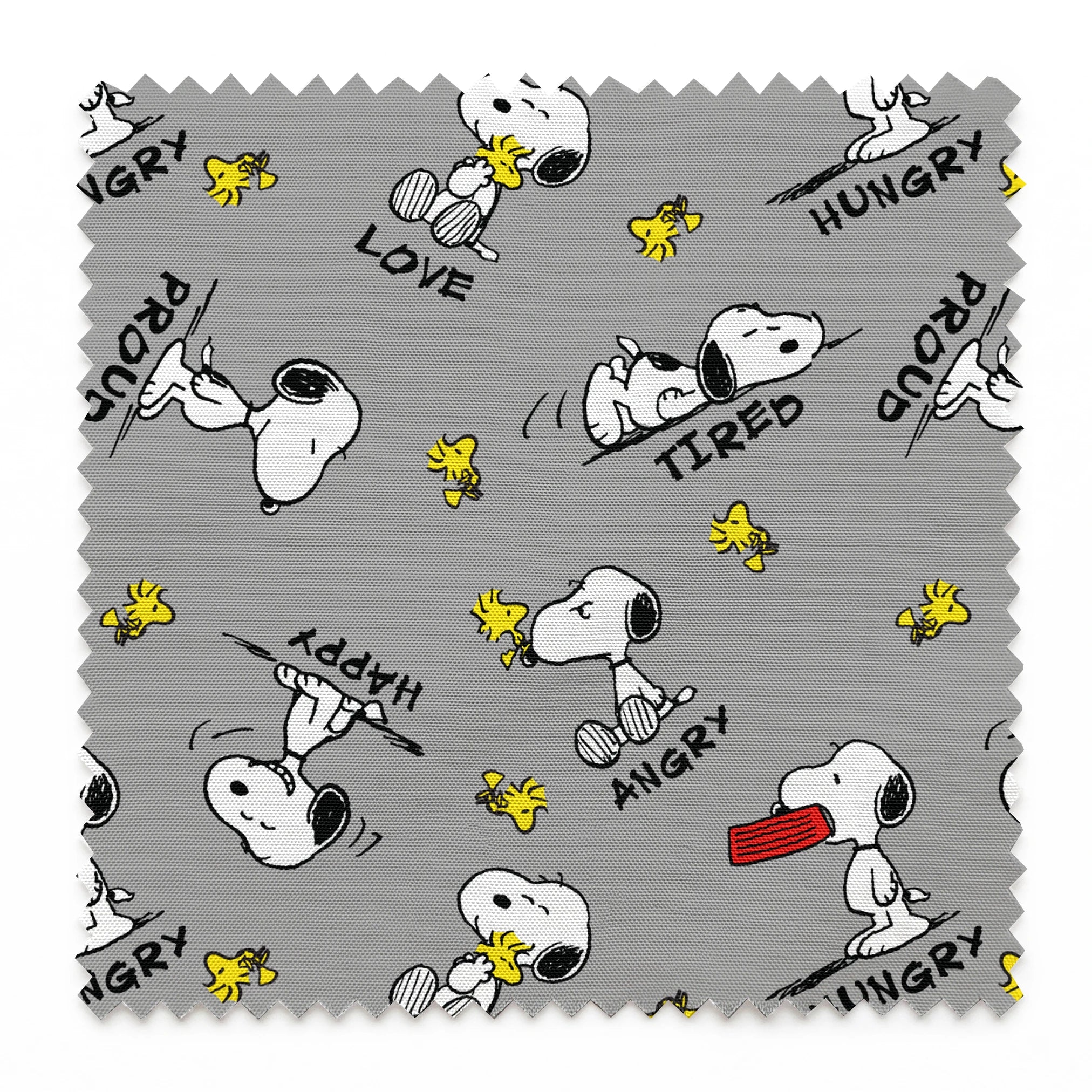 Snoopy cartoon pattern on gray background with emotions like "Hungry" and "Love" with Woodstock springs swatch pinked