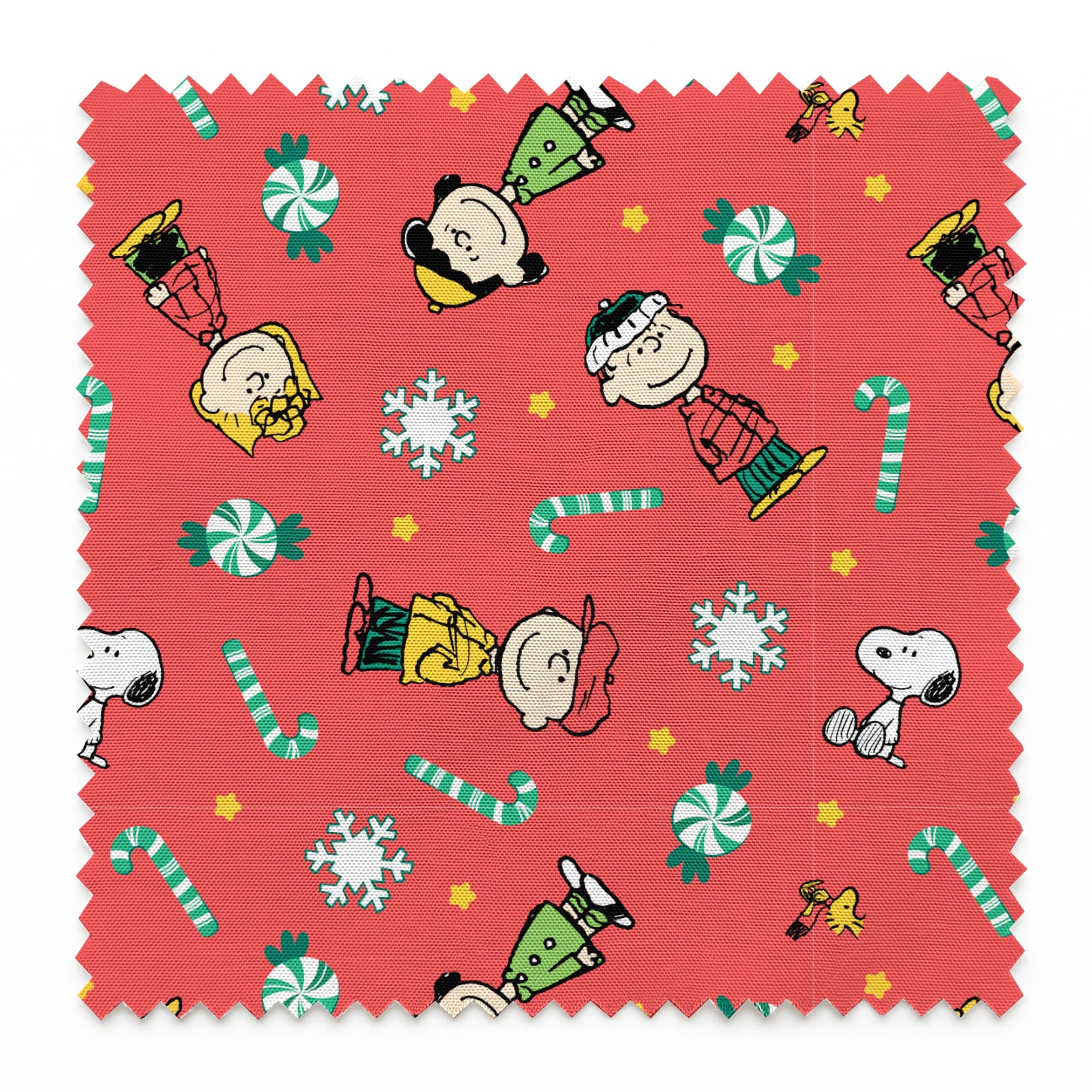 Festive Peanuts cartoon pattern with Charlie Brown characters, candy canes, snowflakes, and peppermints on red background springs swatch pinked