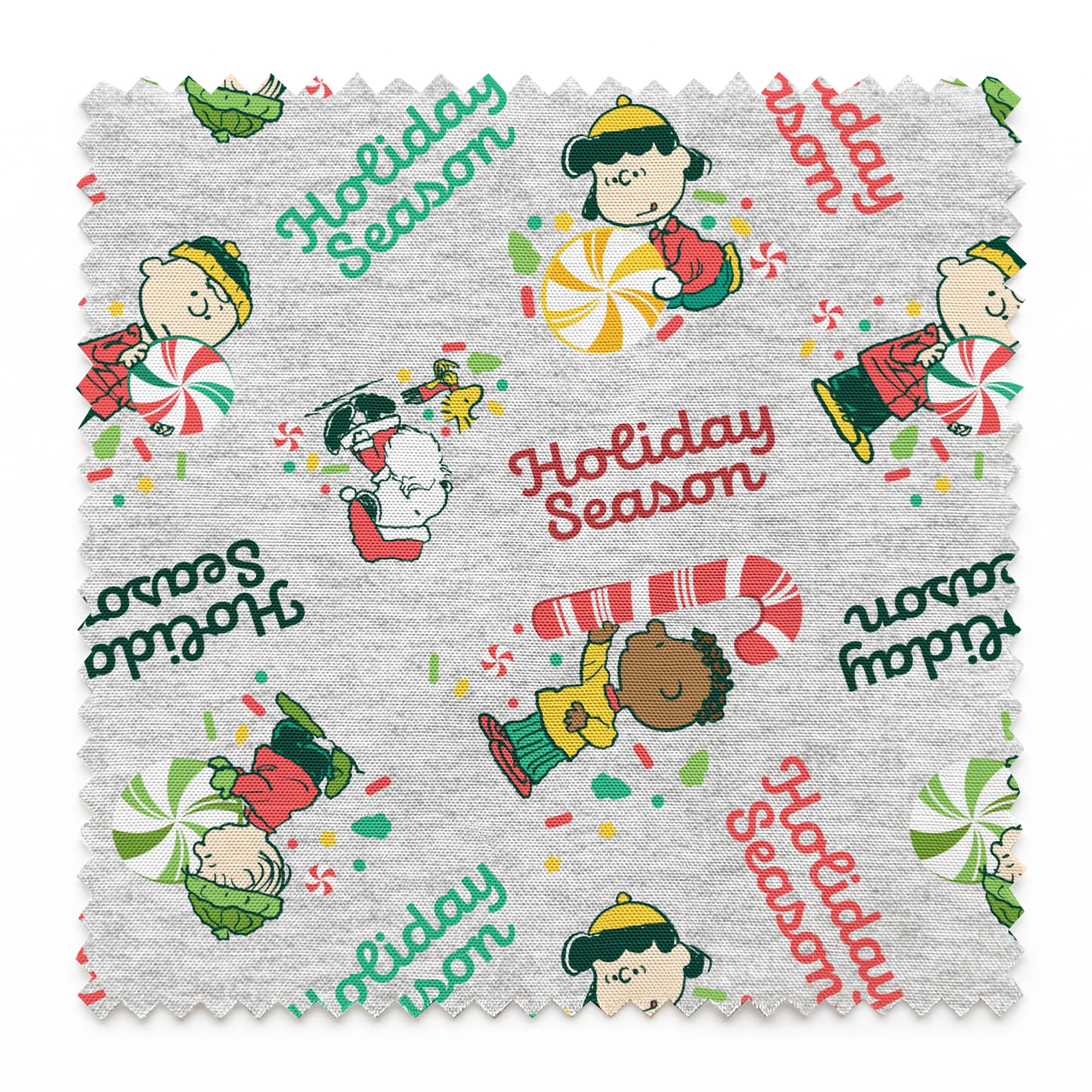 Festive Peanuts characters with candy canes and peppermints on gray background with "Holiday Season" text springs swatch pinked