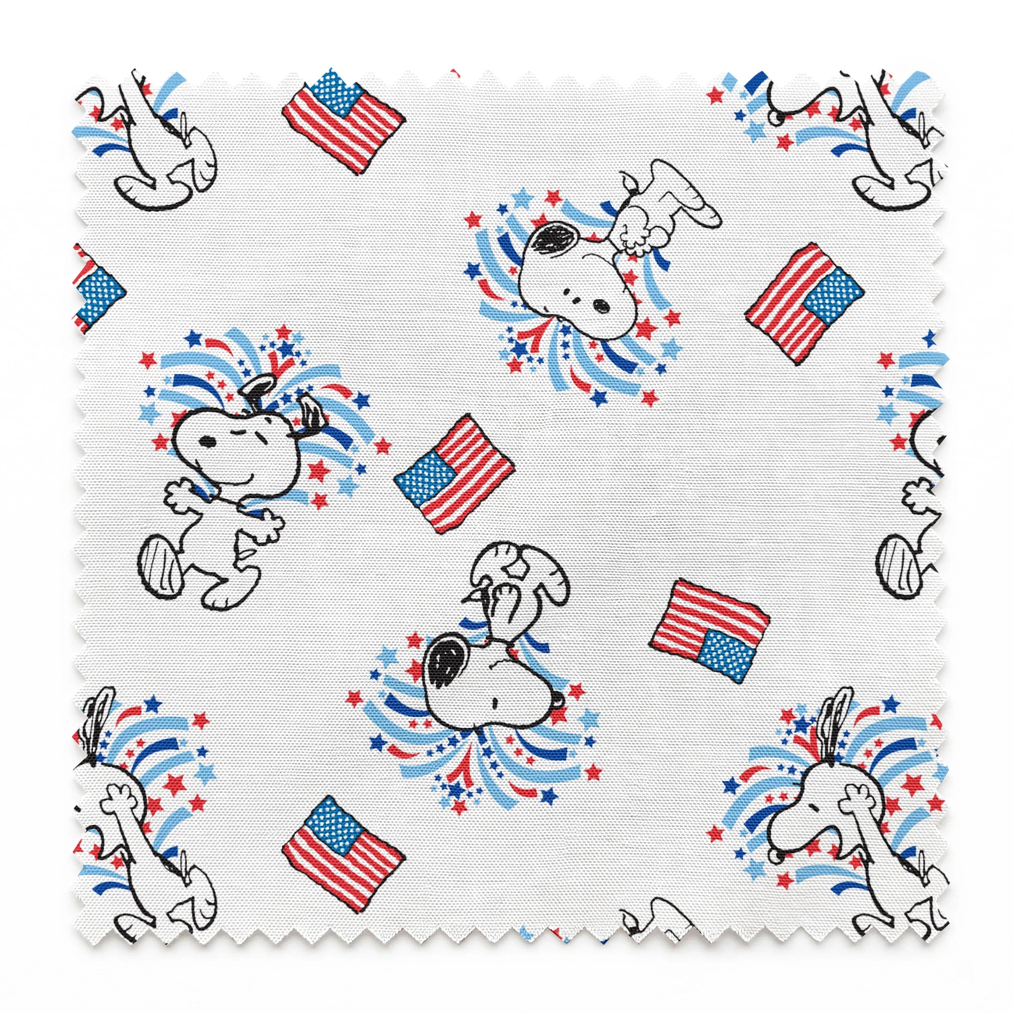 Snoopy with red and blue fireworks pattern alongside American flags on white background springs swatch pinked
