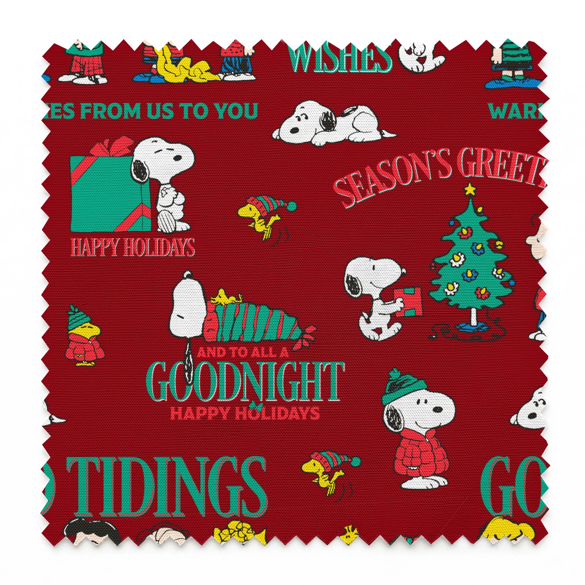 Colorful Peanuts Christmas pattern with Snoopy, Woodstock, and friends with holiday phrases on red background springs swatch pinked