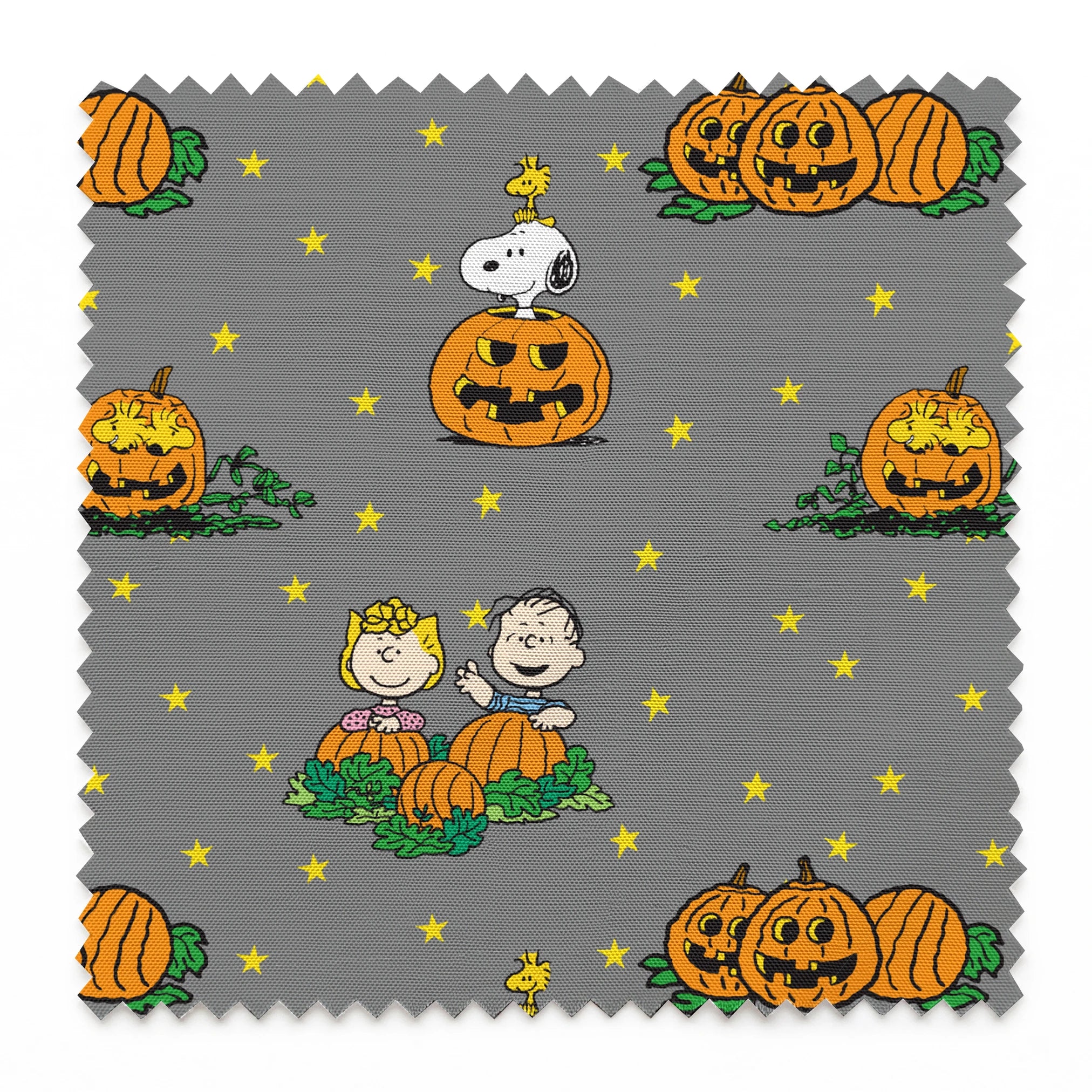 Peanuts Halloween pattern with Snoopy on pumpkins, Peanuts characters in pumpkin patches, and yellow stars on gray background. springs swatch pinked