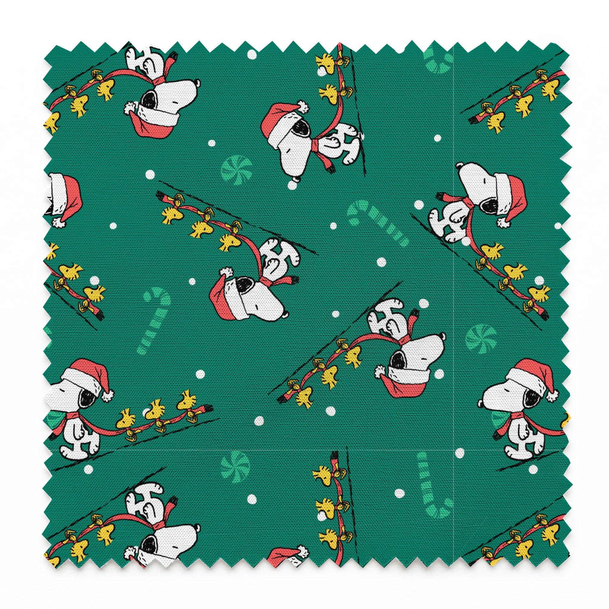 Holiday pattern with Snoopy in Santa hats pulling sleds of stars on green background with candy canes and snowflakes springs swatch pinked