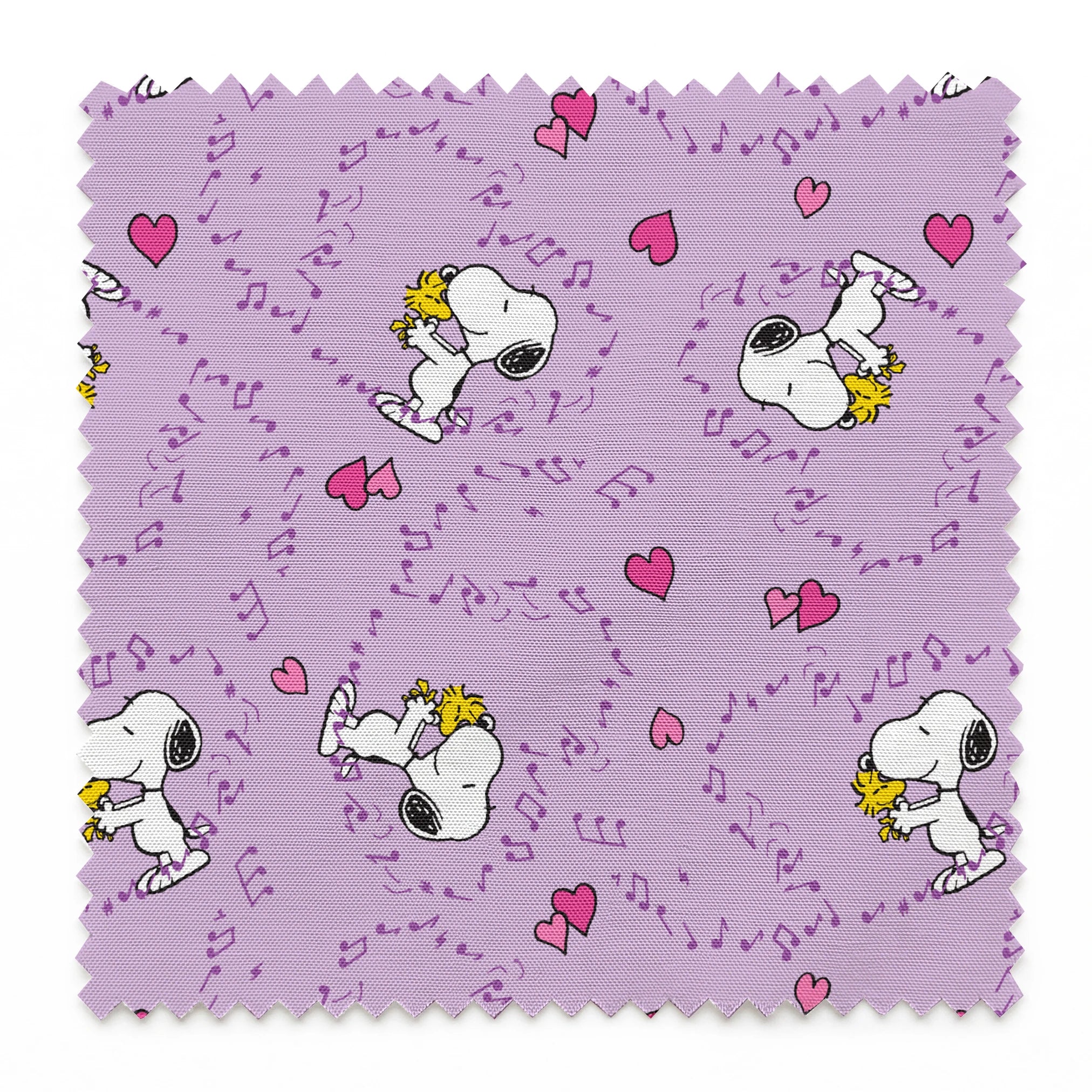 Snoopy and Woodstock on purple background with pink hearts and music notes springs swatch pinked