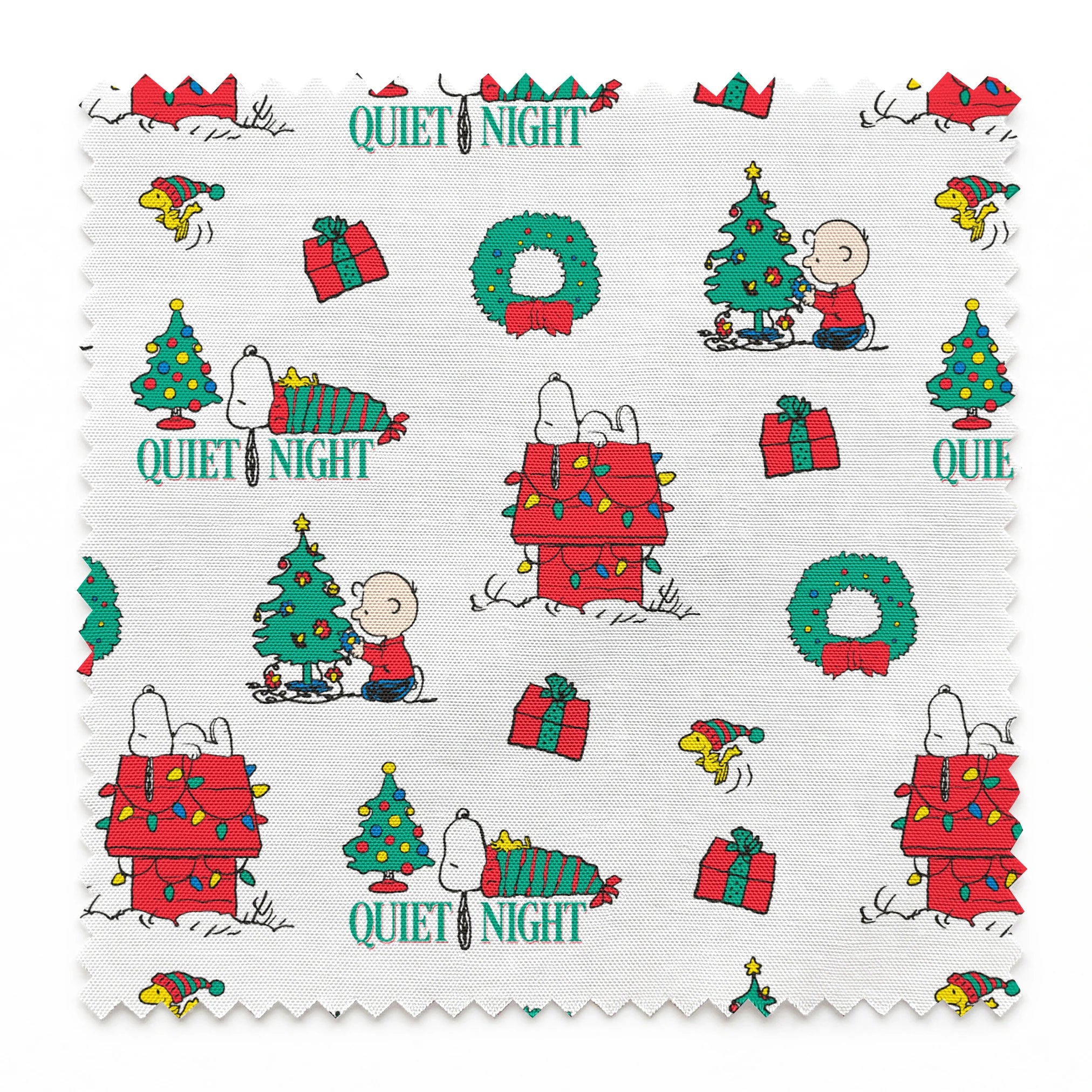 Peanuts Christmas pattern with Snoopy's decorated doghouse, trees, wreaths, and "Quiet Night" text springs swatch pinked