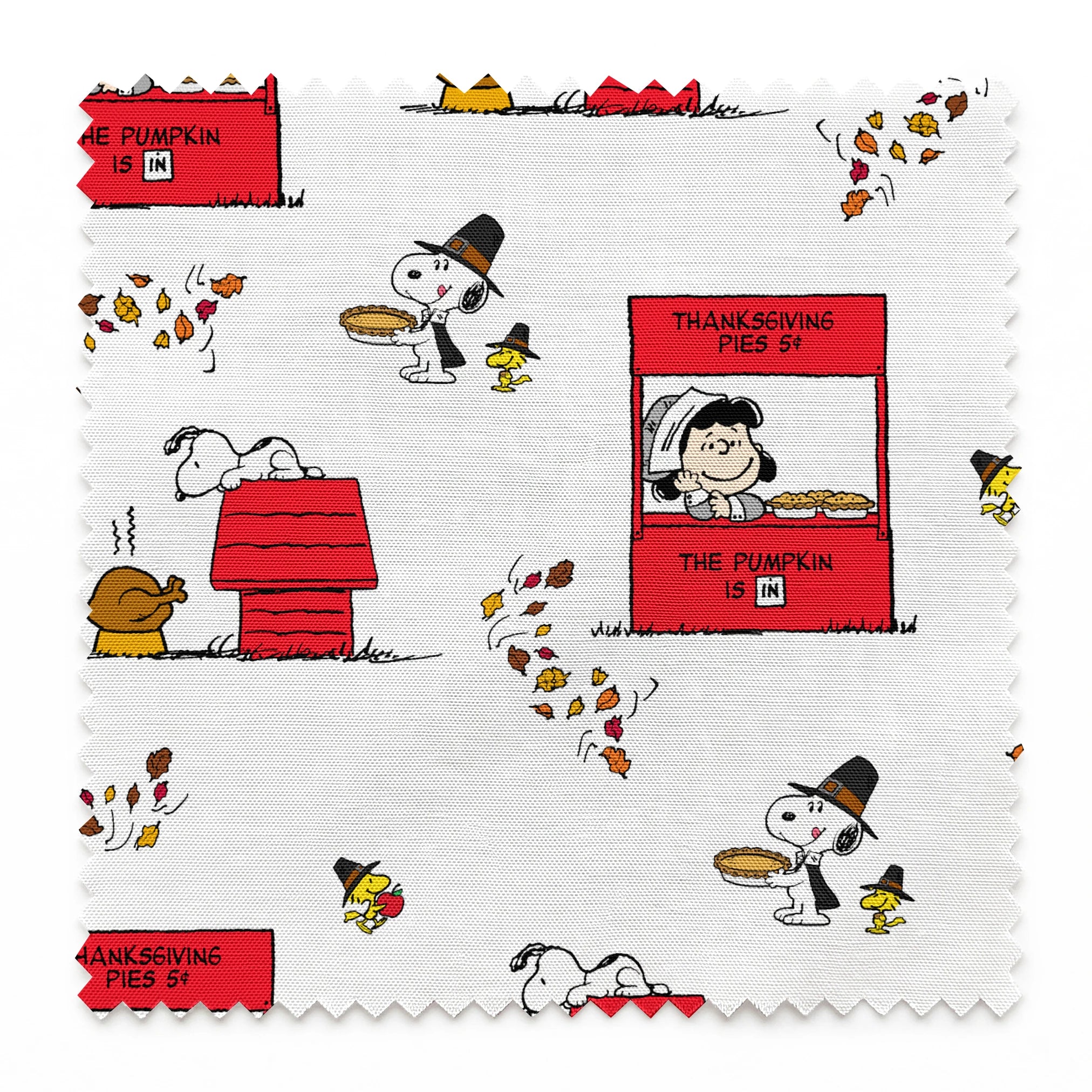 Peanuts Thanksgiving pattern with Snoopy, red booths, doghouses, and falling autumn leaves on white background springs swatch pinked