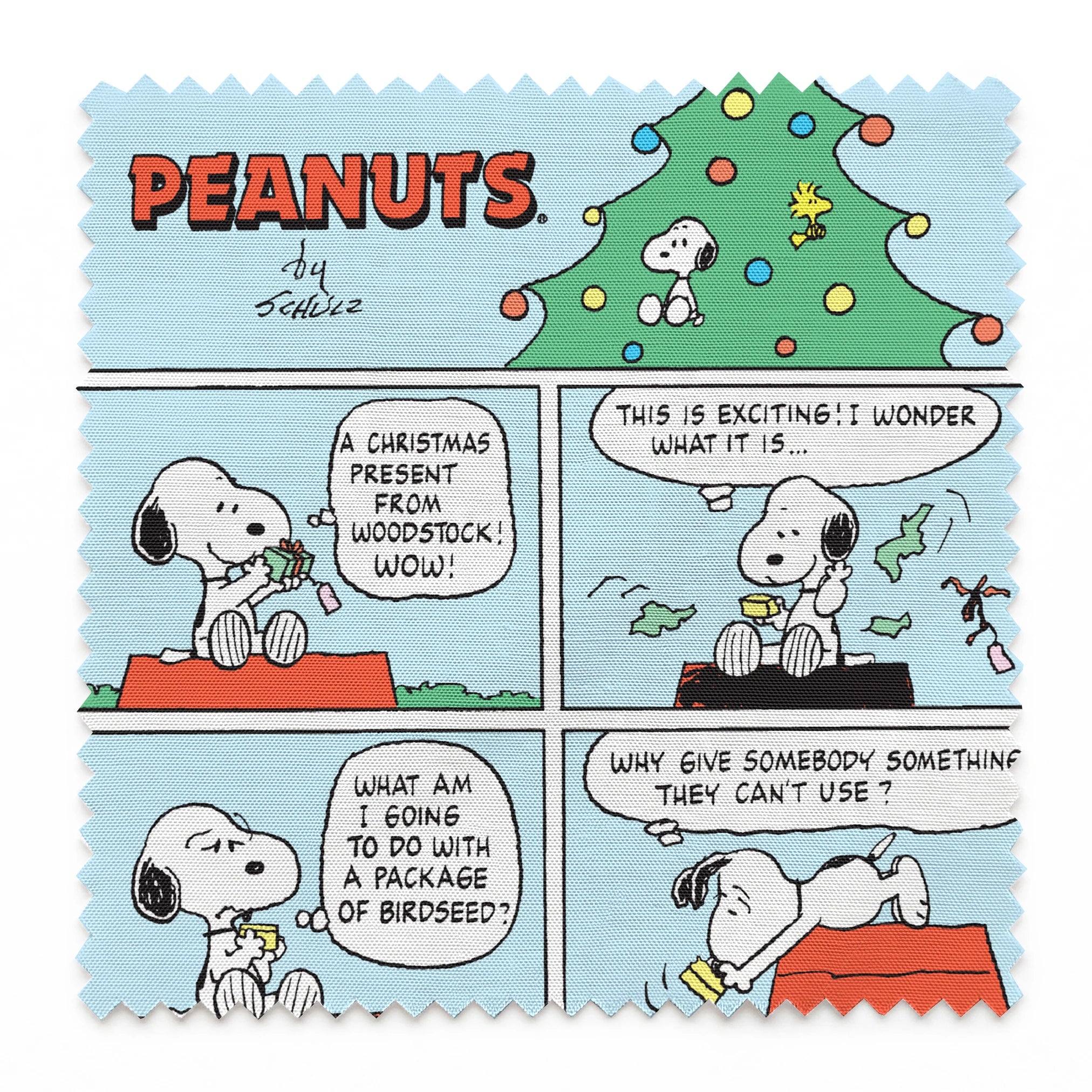 This is a Peanuts comic strip featuring Snoopy on his red doghouse with a Christmas tree visible. The panels show Snoopy preparing and decorating his doghouse for the holidays, with his yellow bird friend Woodstock appearing in a nest with Christmas lights. springs swatch pinked