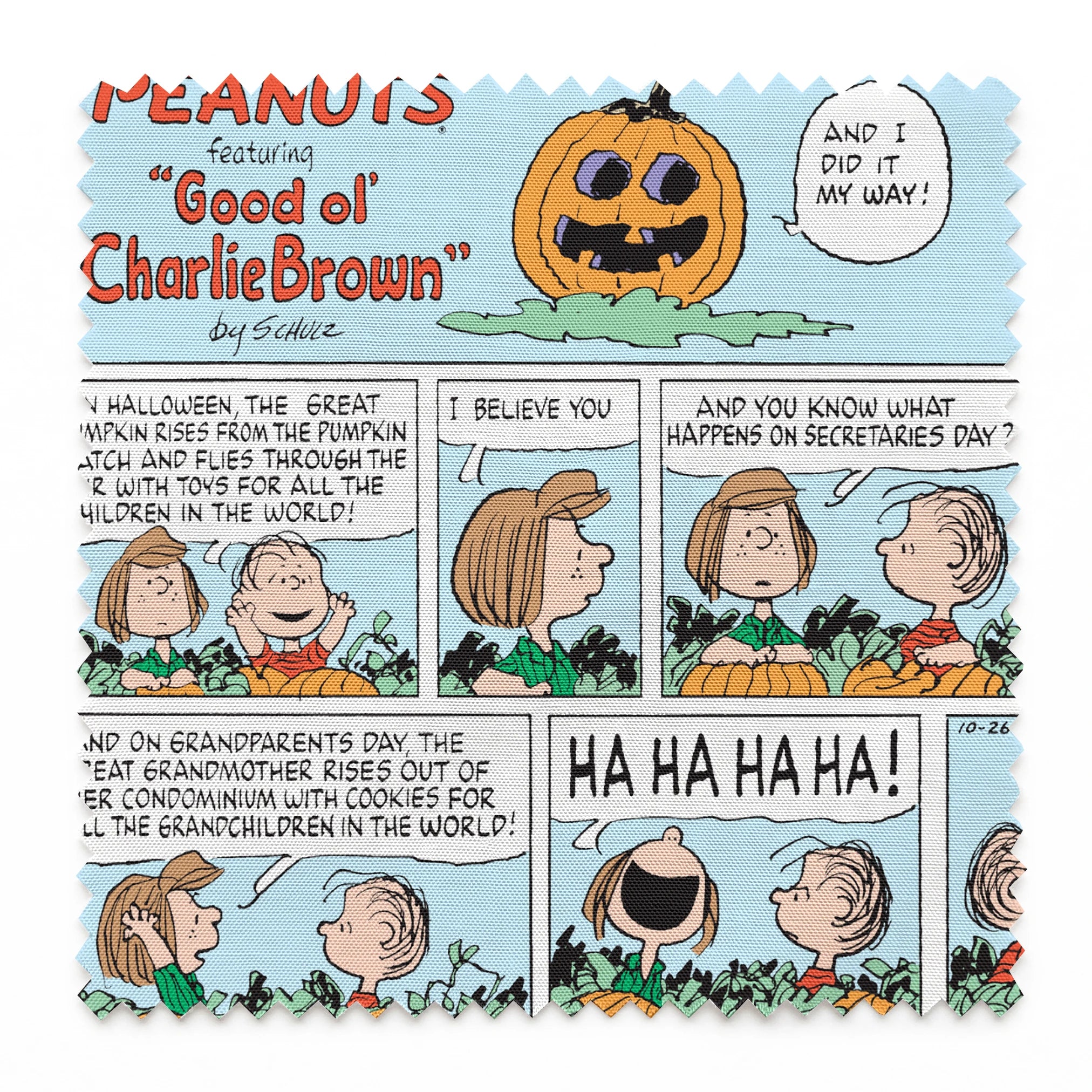 Peanuts comic strip featuring "Great Pumpkin" Halloween storyline with cartoon children and jack-o'-lantern imagery across multiple panels. springs swatch pinked