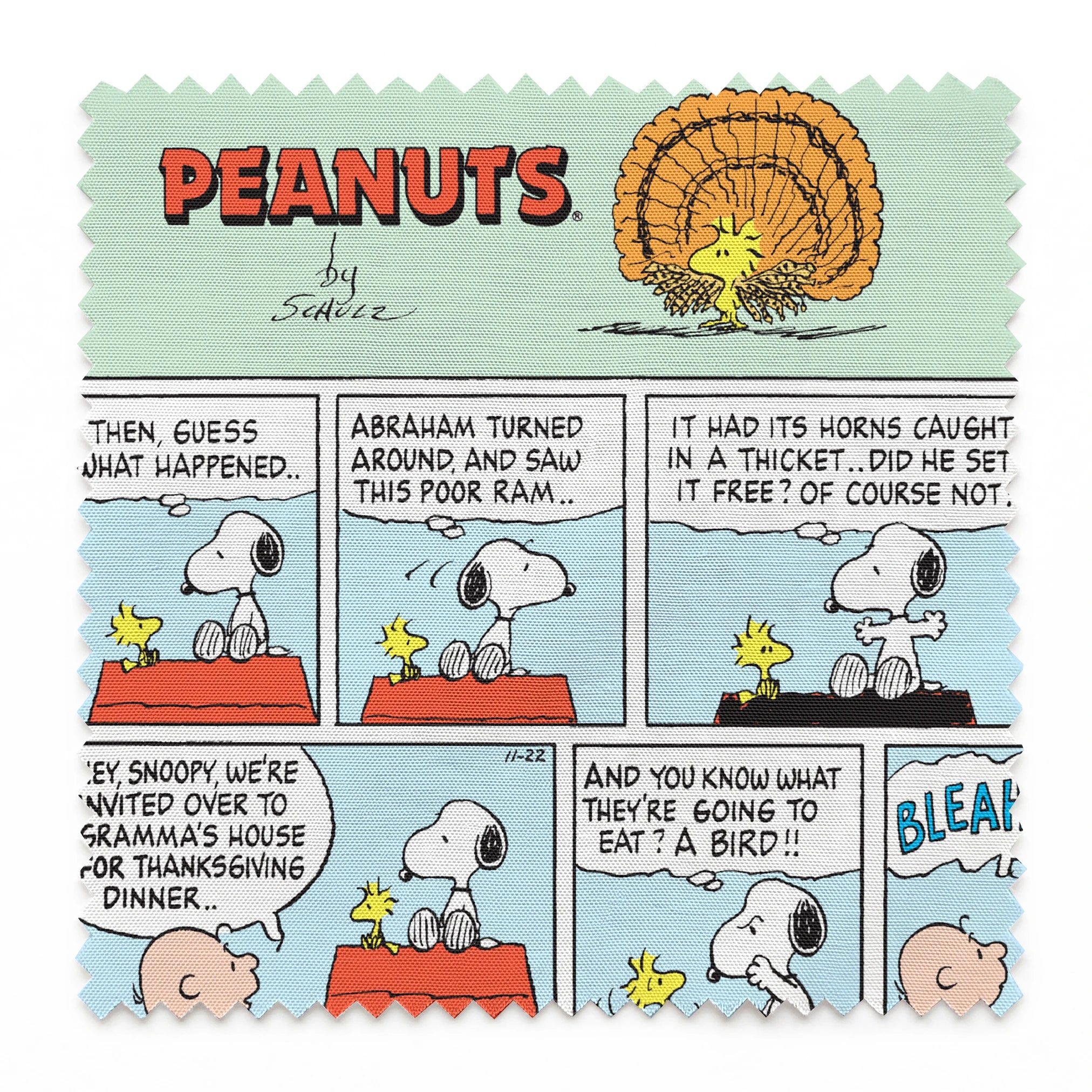 A Peanuts comic strip featuring Snoopy on his red doghouse, shown in multiple panels with Thanksgiving and food-related humor throughout the colorful Sunday format. springs swatch pinked