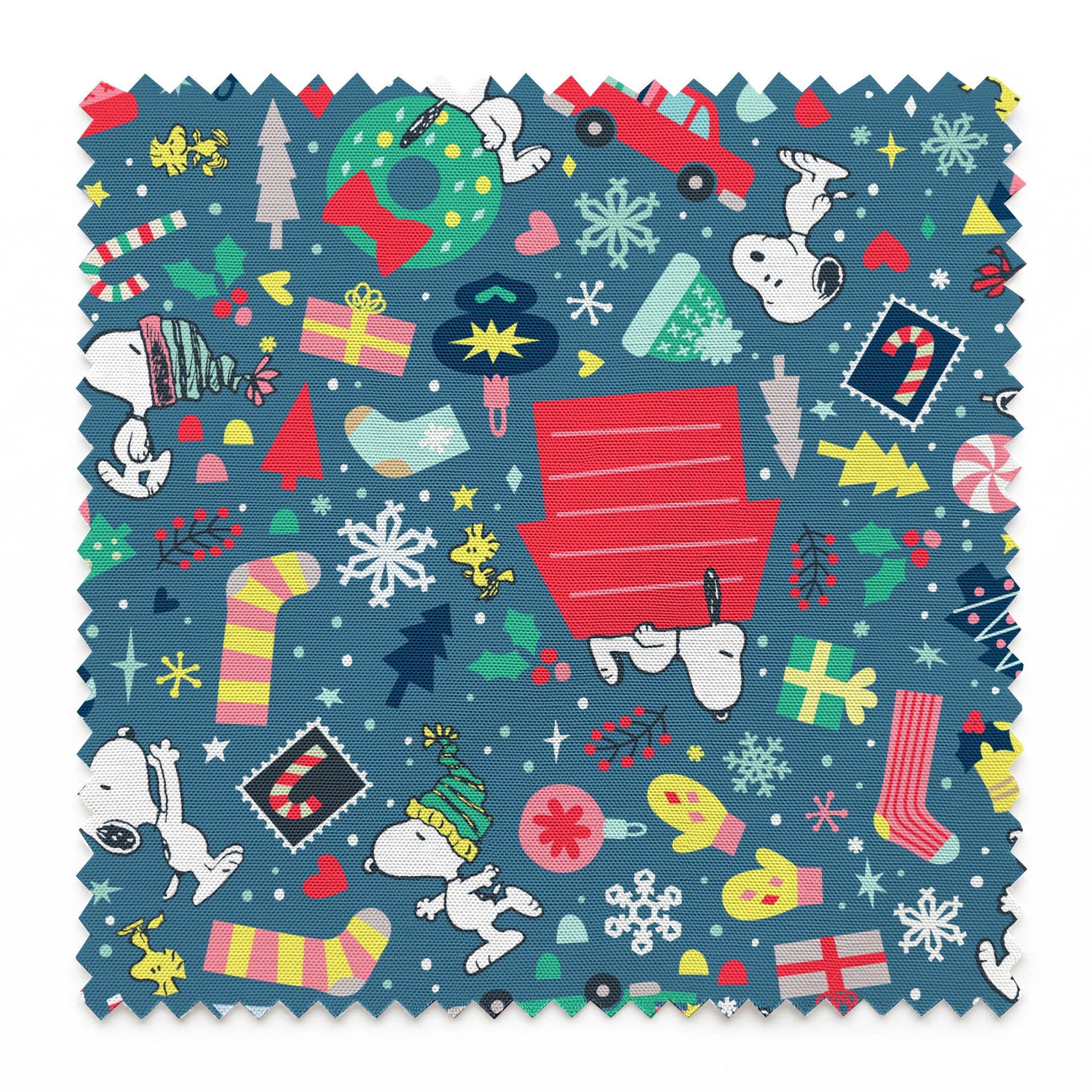Colorful Peanuts Christmas pattern with festive icons, red mailboxes, presents, houses, and holiday symbols on teal background springs swatch pinked