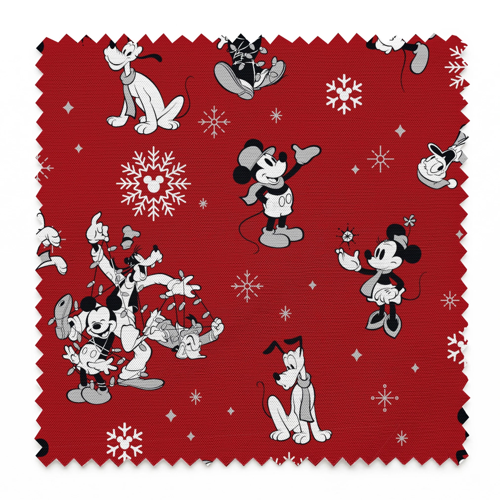 Christmas pattern with Disney characters and snowflakes on red background springs swatch pinked