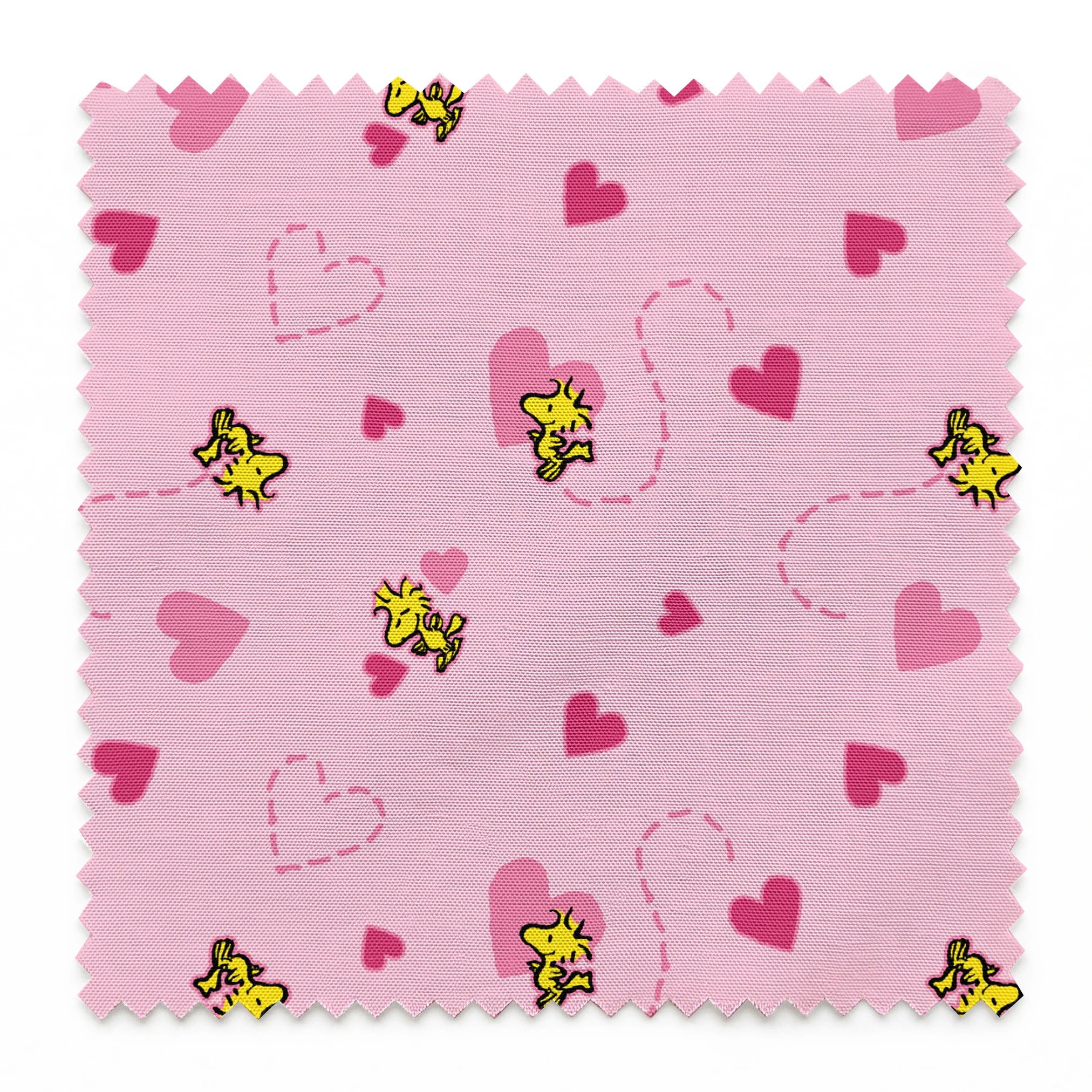Pink background with hearts and Woodstock pattern, dotted heart outlines and solid pink hearts scattered throughout. springs swatch pinked