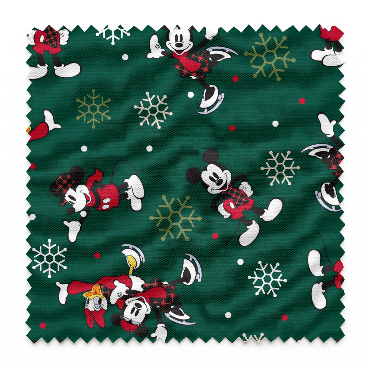 Mickey Mouse Christmas pattern with cartoon characters in winter outfits on green background with snowflakes springs swatch pinked