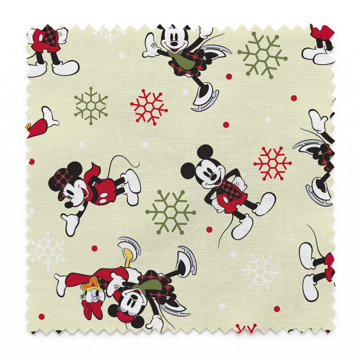 Holiday-themed cartoon mouse pattern with classic characters in red outfits on beige background with snowflakes. springs swatch pinked