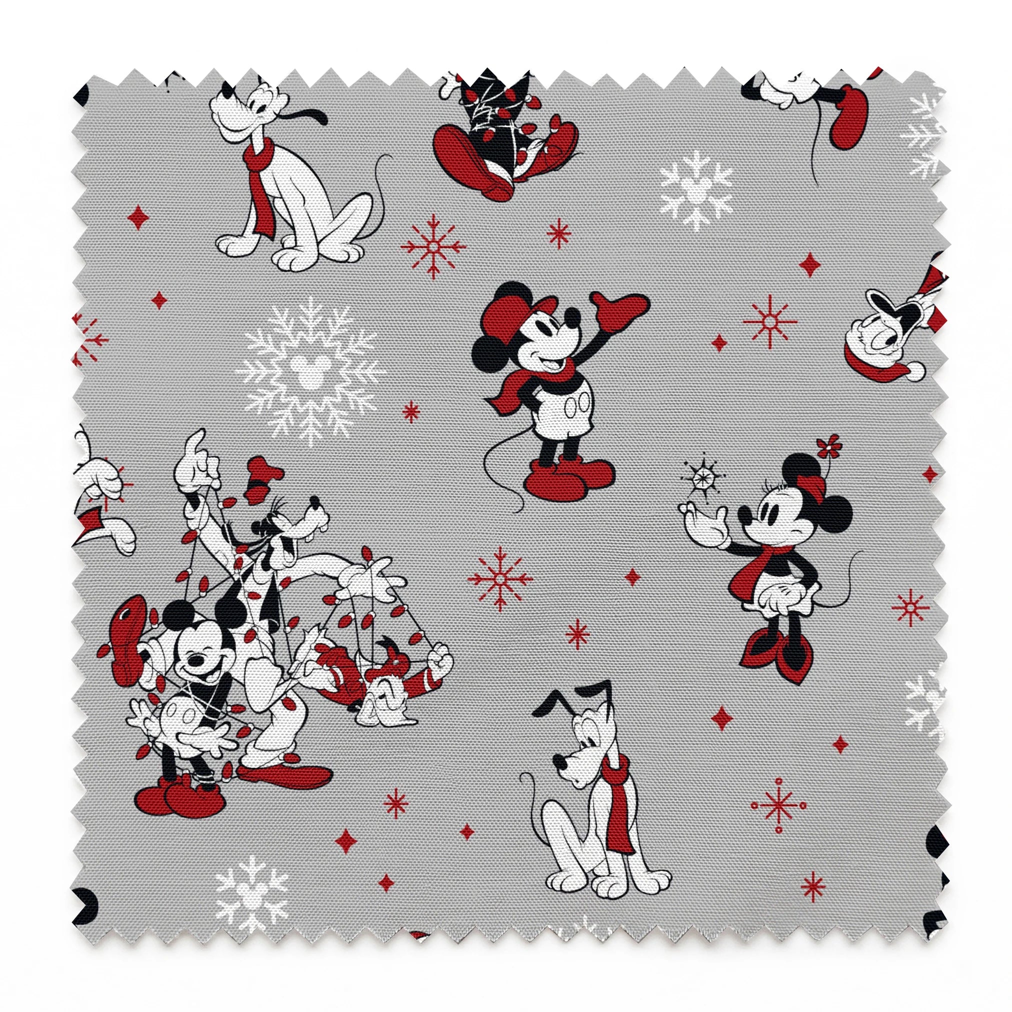 Mickey and Minnie Mouse characters in winter attire with snowflakes on gray background springs swatch pinked