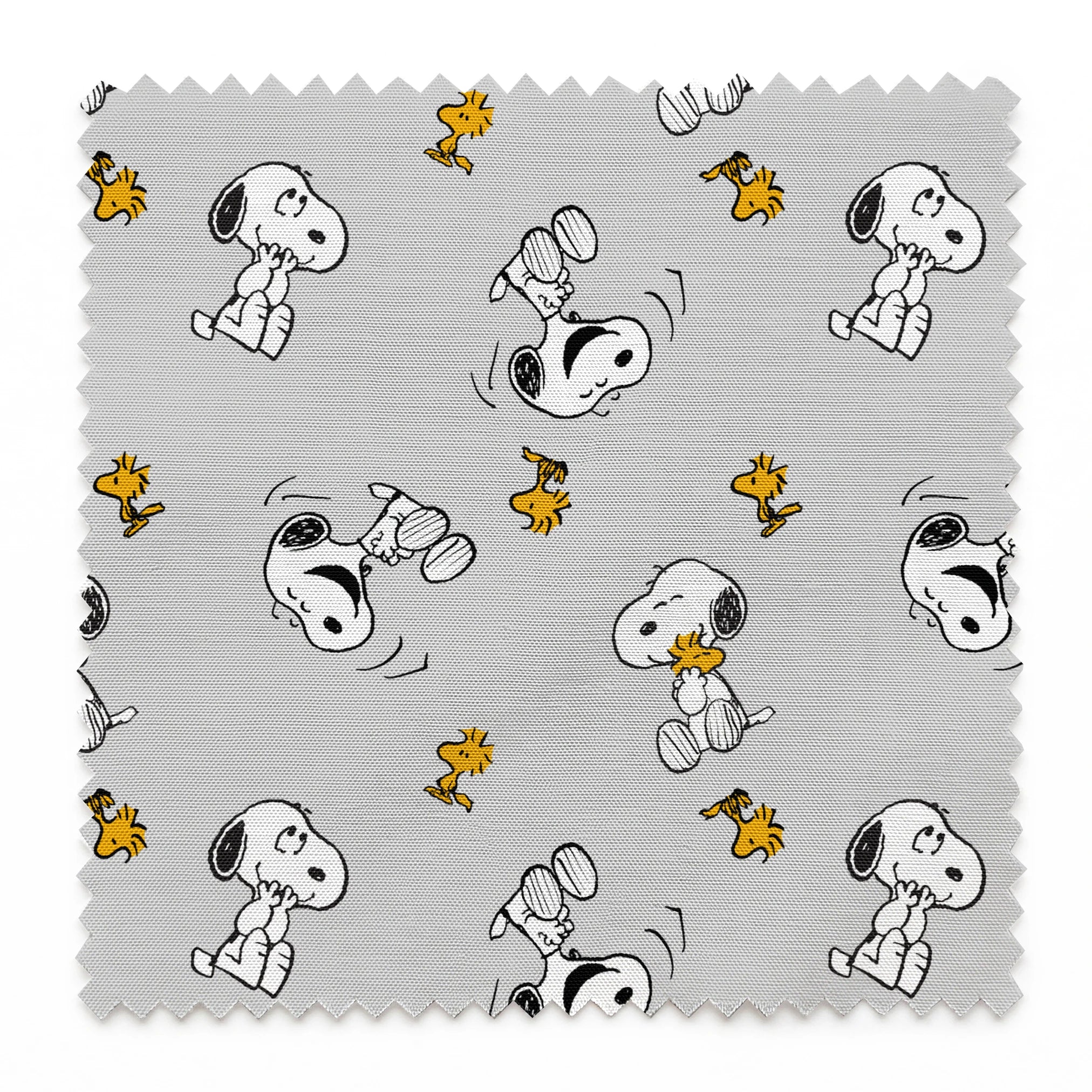 Pattern of Peanut's Snoopy and Woodstock on light gray background springs swatch pinked
