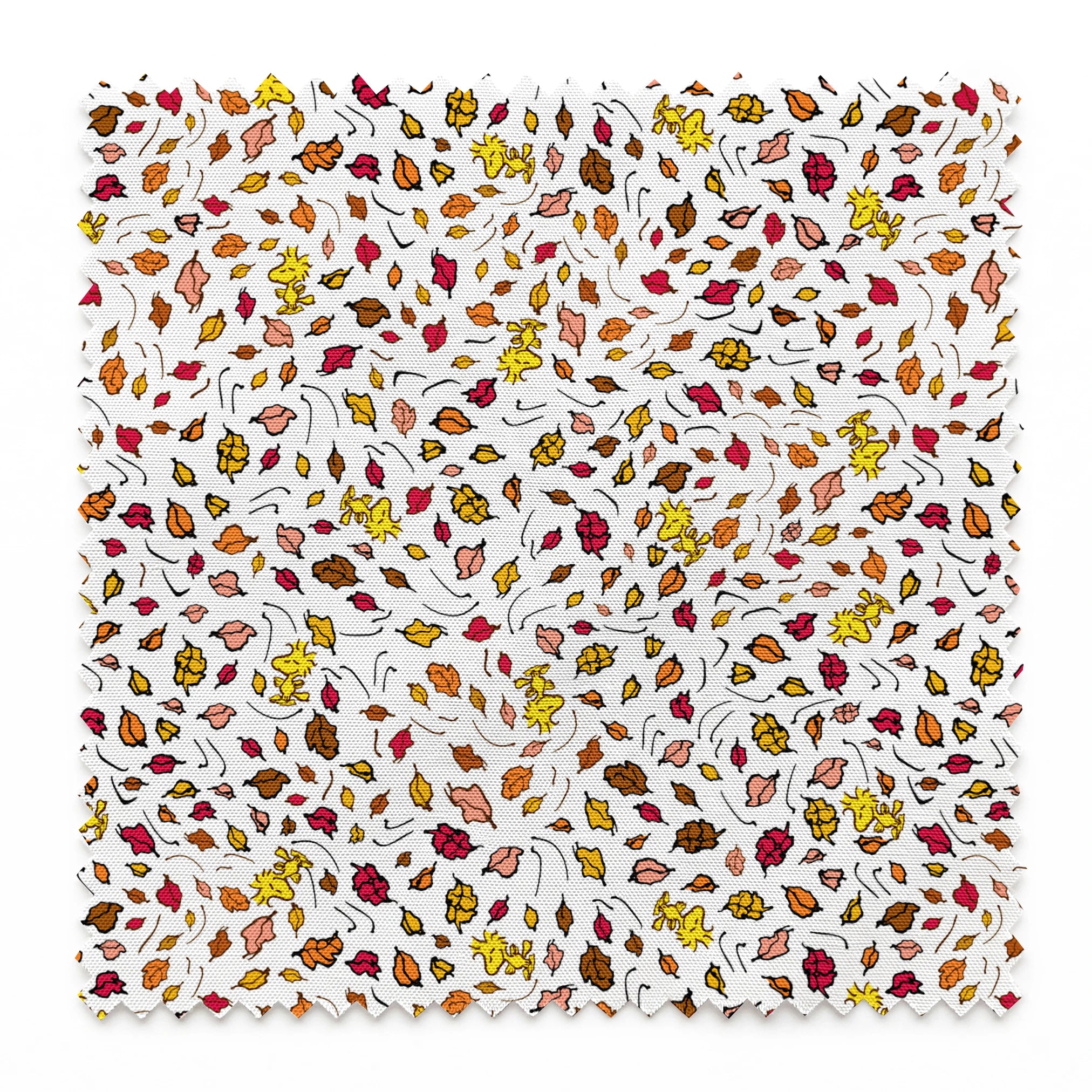 Colorful Peanuts autumn leaves pattern with Woodstock and yellow, red, and brown foliage scattered on white background springs swatch pinked
