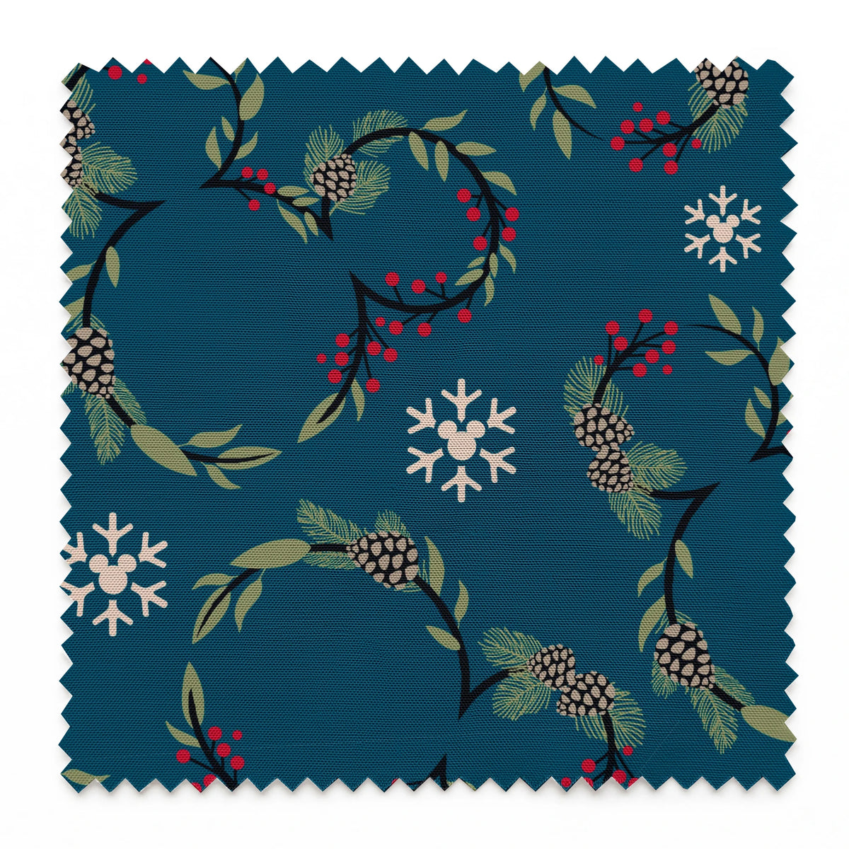 Holiday pattern with circular wreaths, white snowflakes, and botanical elements on teal background springs swatch pinked