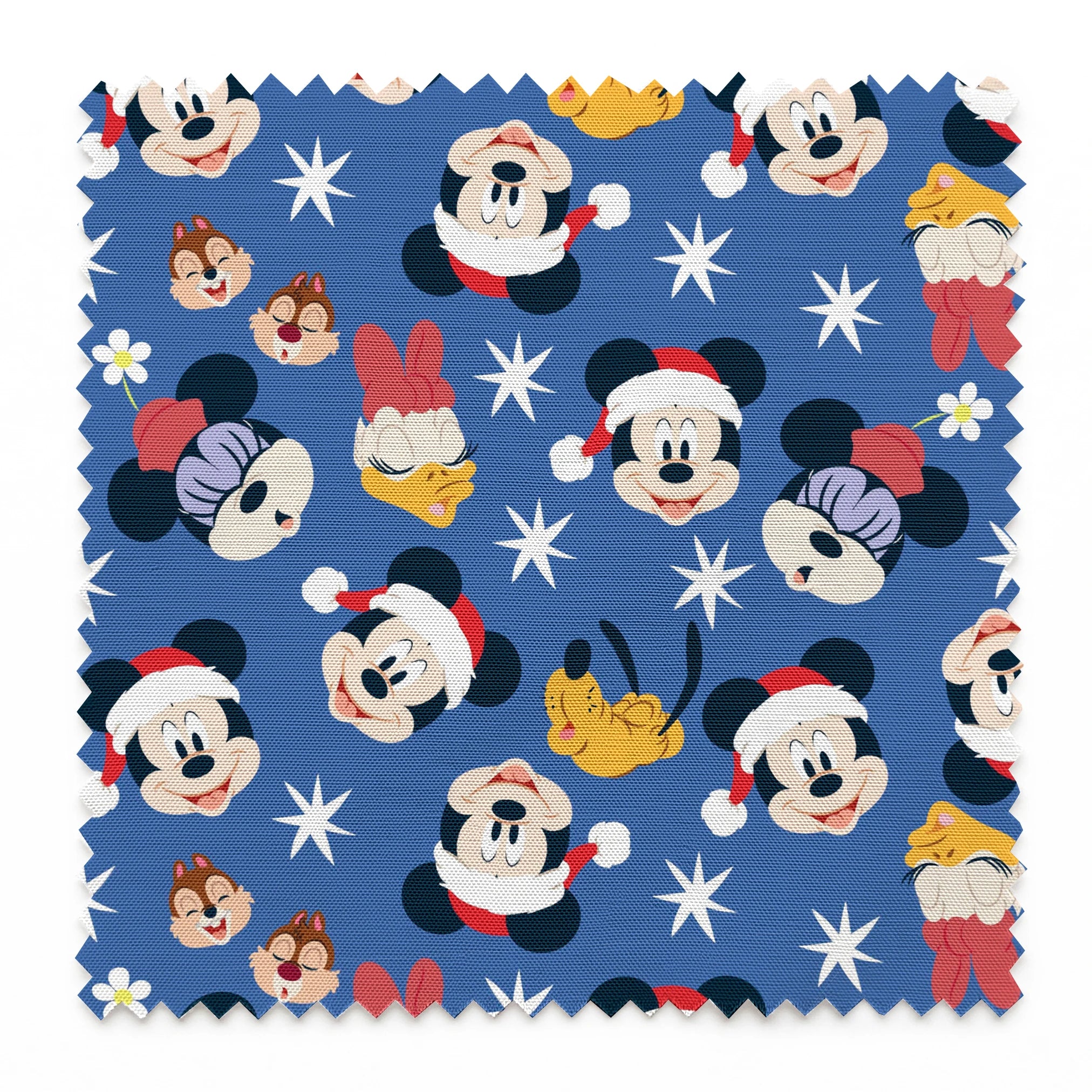 Mickey Mouse Christmas pattern with Santa hats, cupcakes and snowflakes on blue background springs swatch pinked