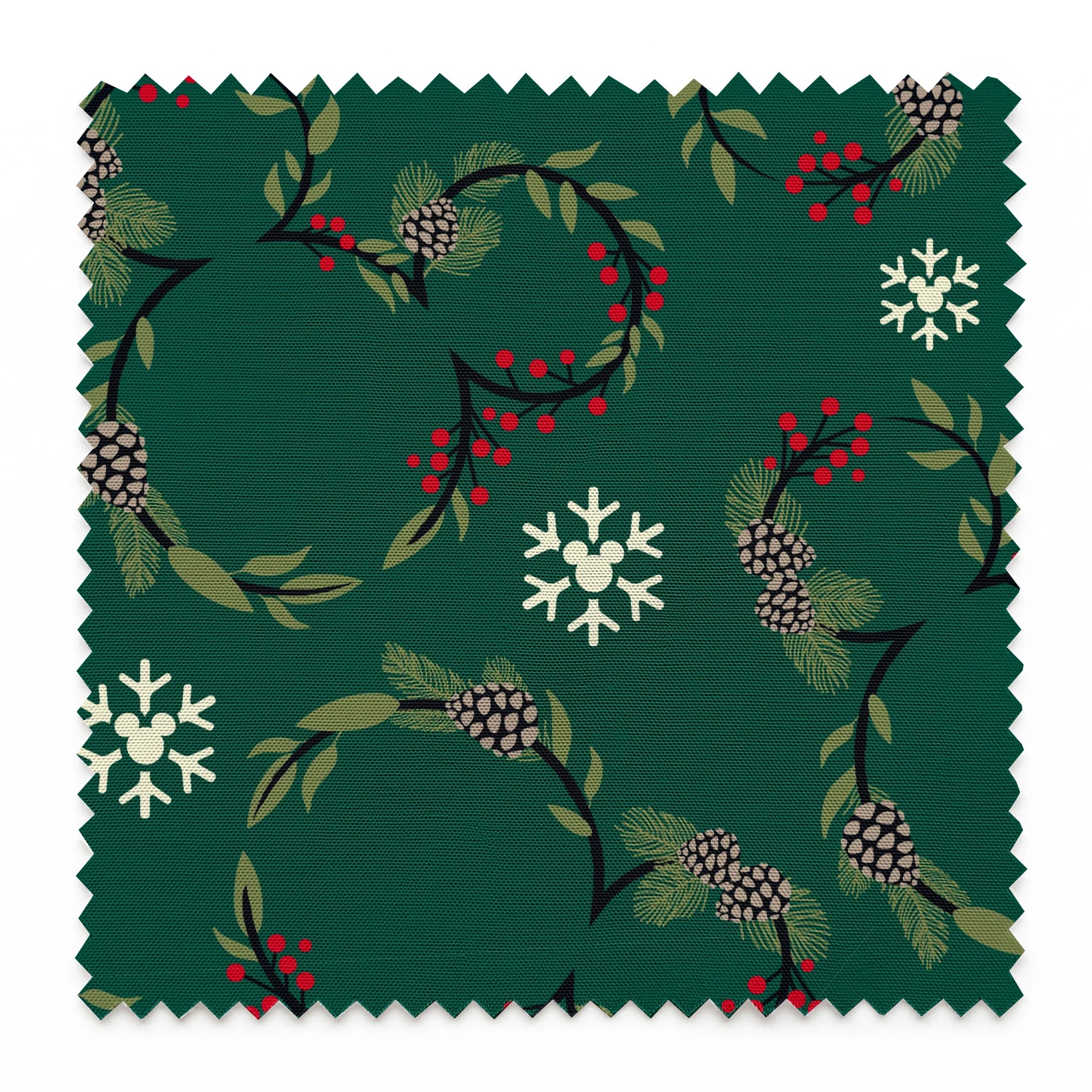Holiday pattern with green wreaths, pinecones, red berries and white snowflakes on dark green background springs swatch pinked