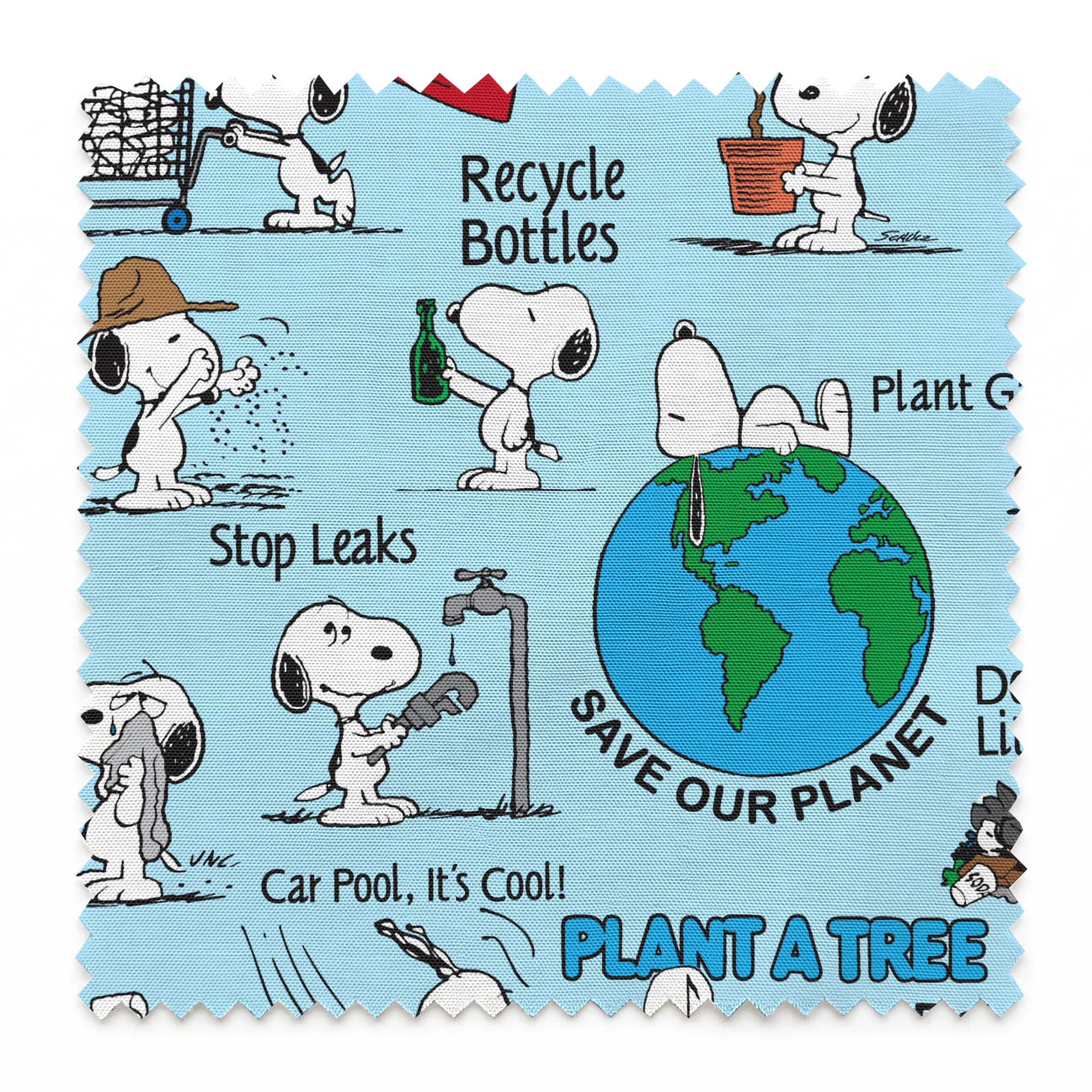 Snoopy cartoon dog in environmental scenes with Earth graphic and eco-friendly messages like "Plant a Tree" and "Recycle springs swatch pinked