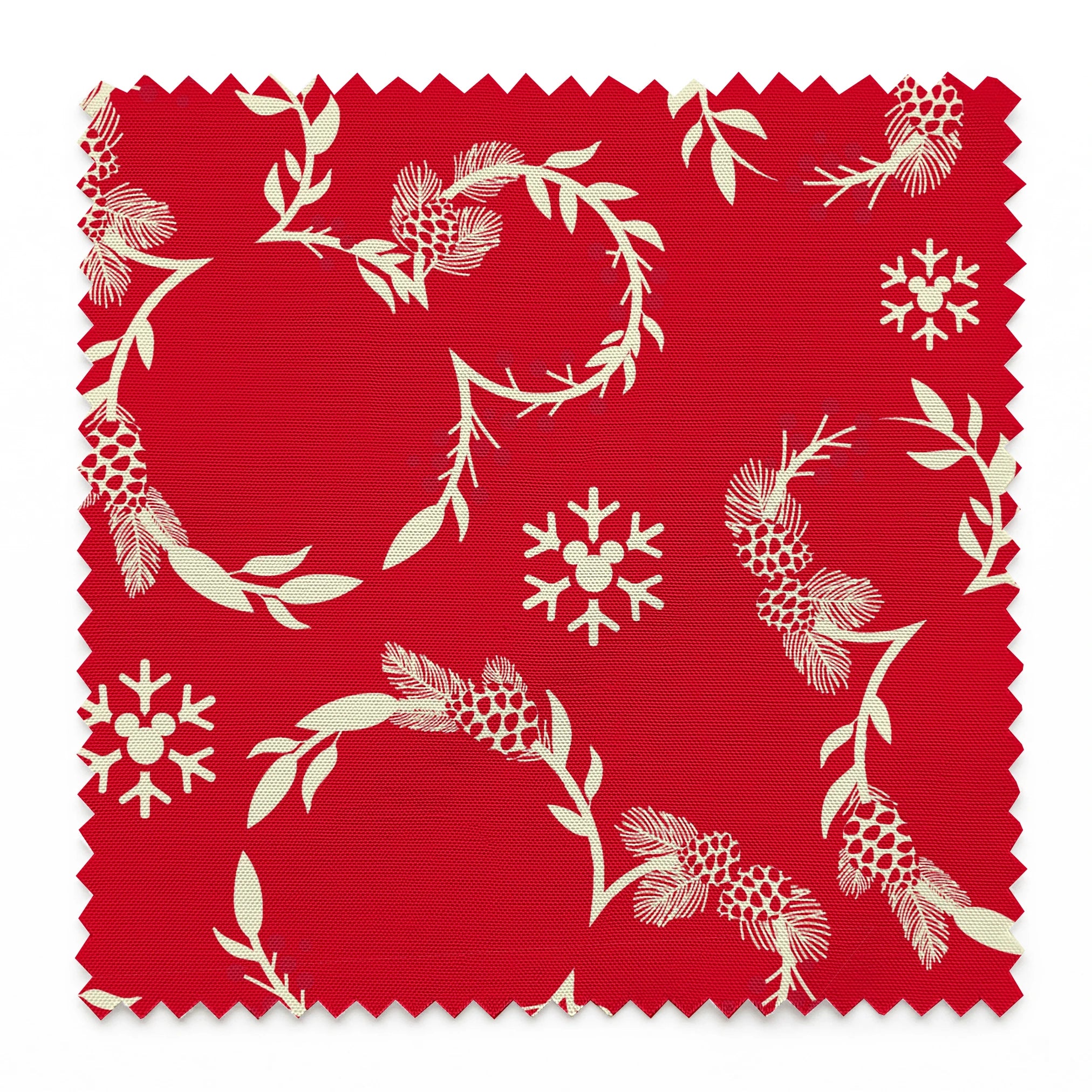 Festive red background with white floral wreaths, pine cones, and snowflake patterns springs swatch pinked