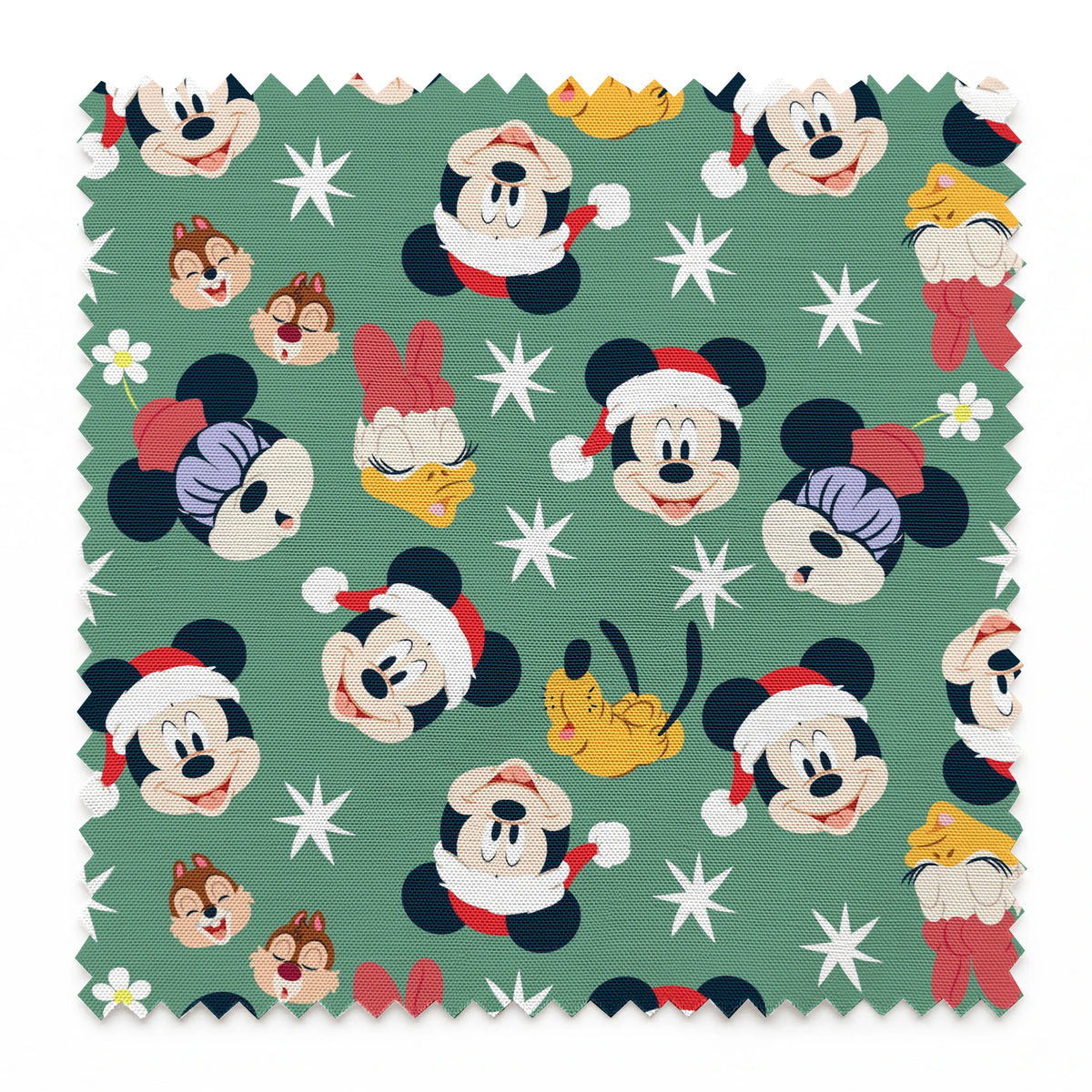 Mickey Mouse holiday pattern with characters wearing Santa hats on green background with stars and ornaments springs swatch pinked