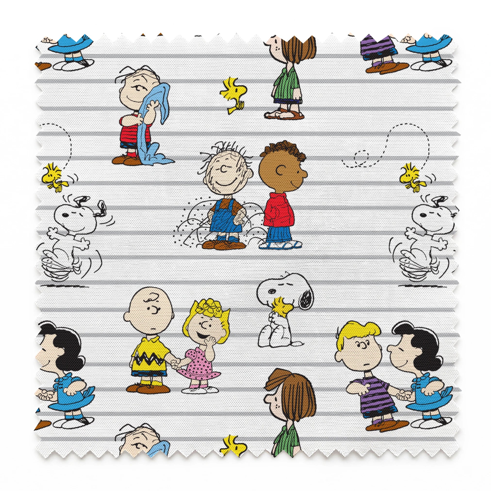 Peanuts cartoon characters on striped background, including Snoopy, Woodstock, and friends with their signature traits and poses. springs swatch pinked