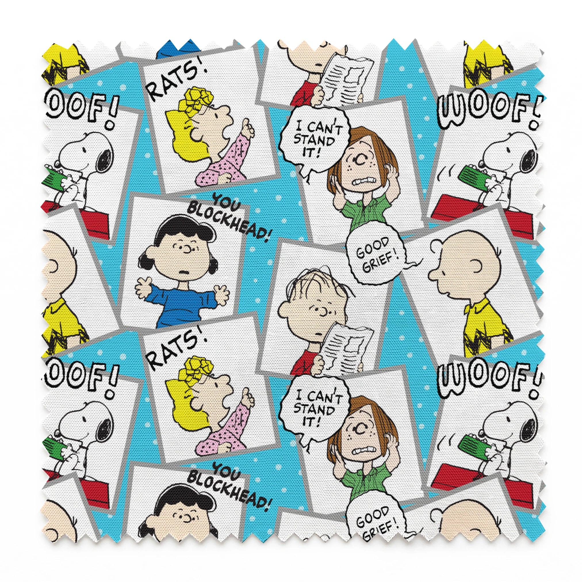 Peanuts comic characters in various expressions - Snoopy saying "WOOF!", speech bubbles with "RATS!", "I CAN'T STAND IT!", "YOU BLOCKHEAD!" and "GOOD GRIEF! springs swatch pinked