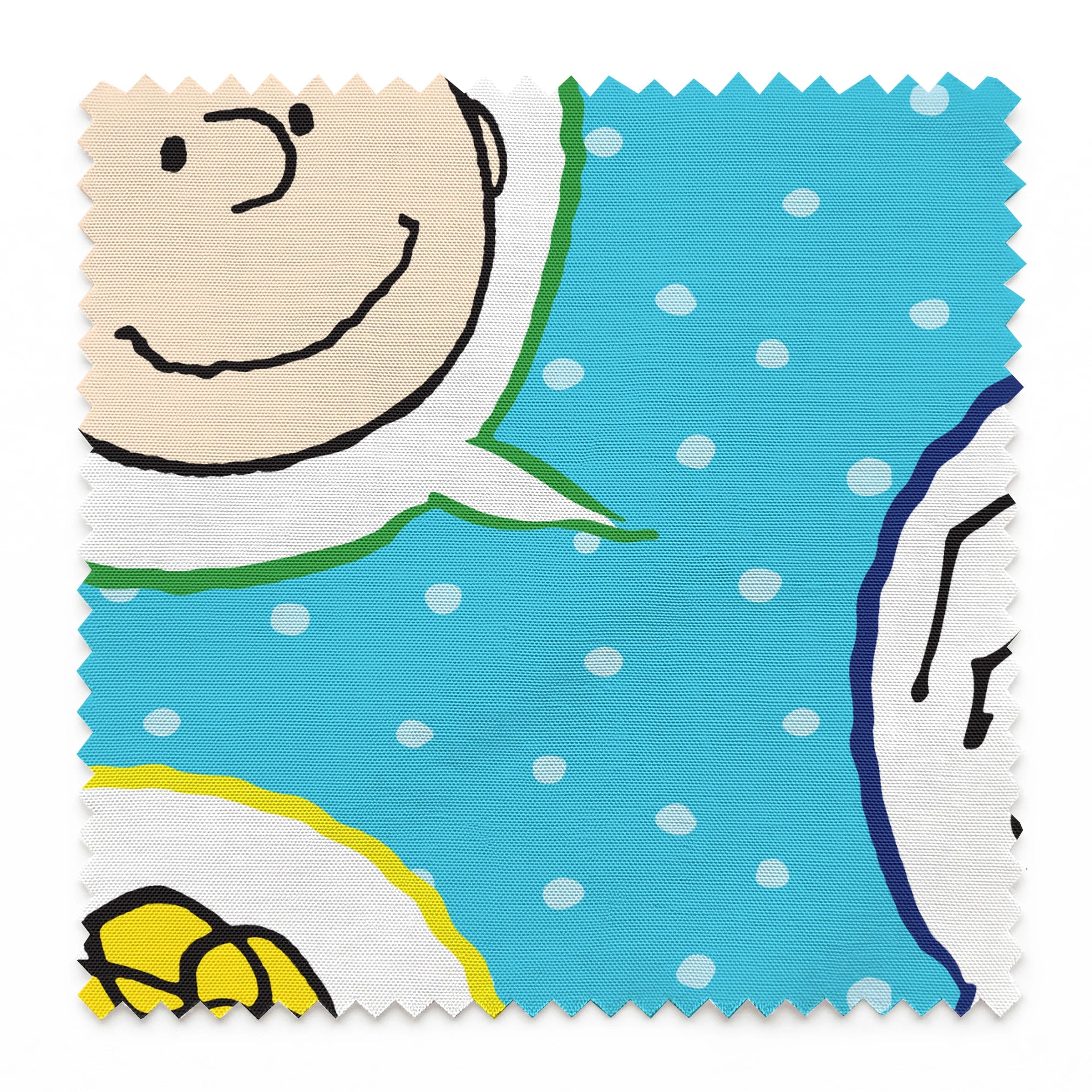 Peanuts characters pattern with Snoopy and other cartoon faces in circles on blue background springs swatch pinked