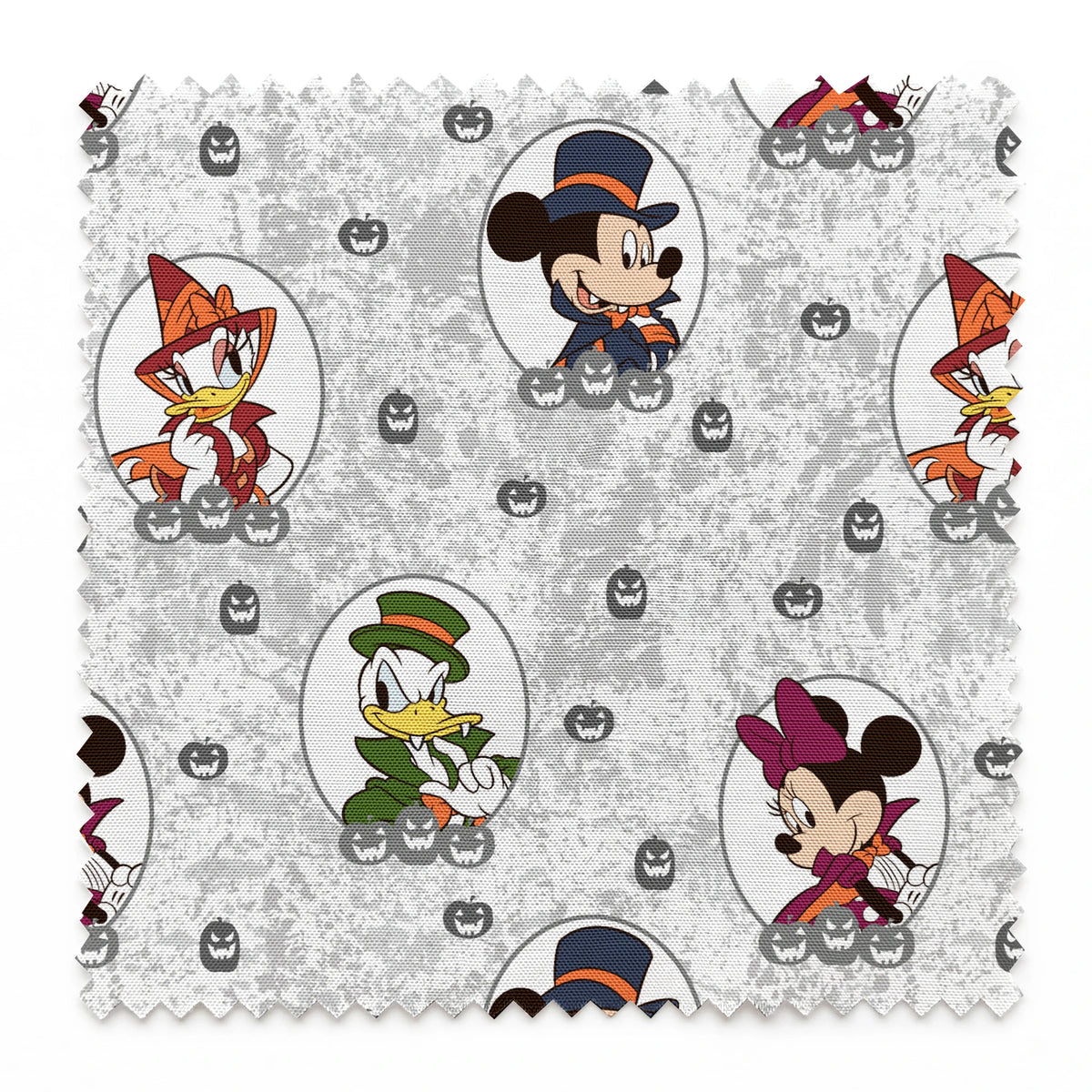 Disney Halloween pattern with Mickey in top hat, Donald in green hat, and Daisy in witch hat on gray background with pumpkins. springs swatch pinked