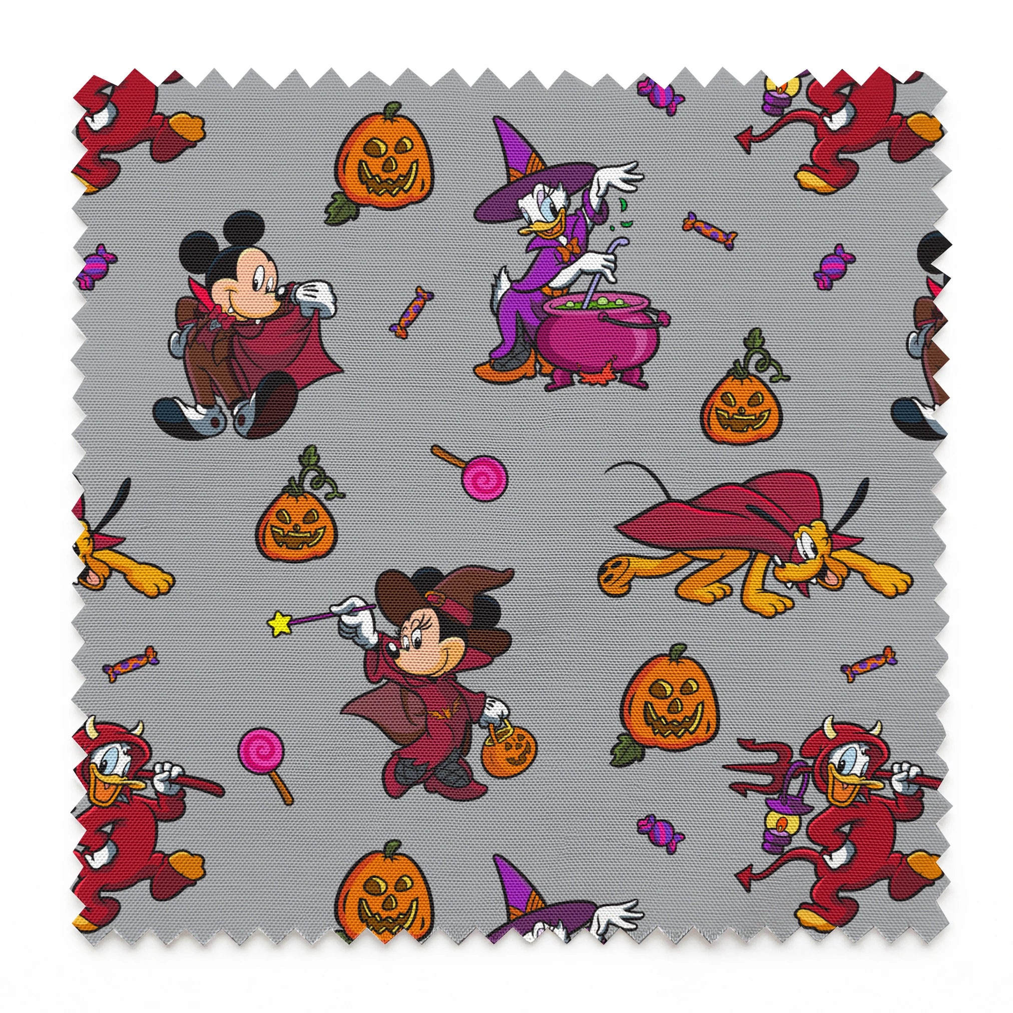 Halloween-themed cartoon pattern with Mickey Mouse characters in costumes, pumpkins, candy, and cauldrons on gray background springs swatch pinked