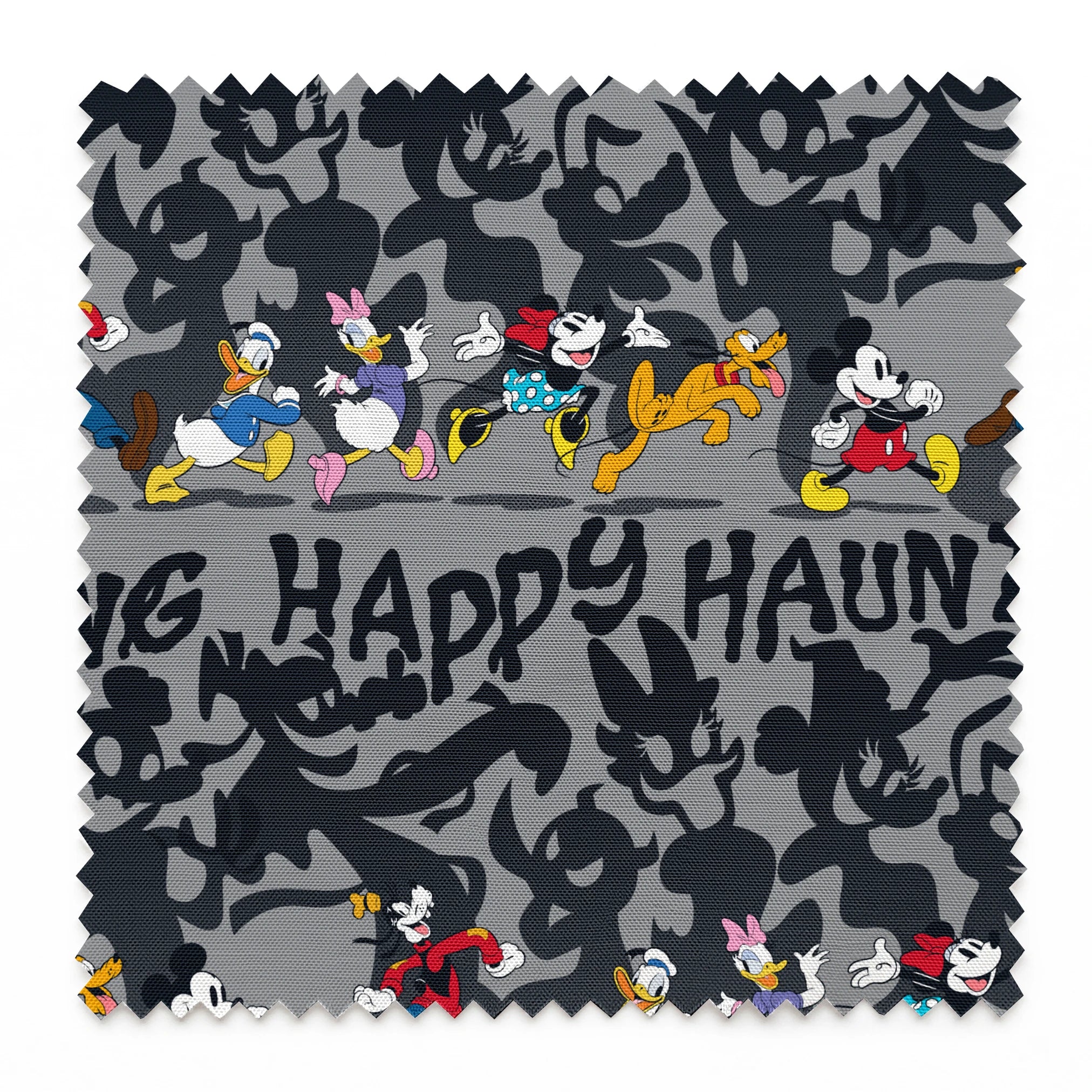 Classic Disney characters on dark gray background with "Happy Haunting" text, Mickey, Donald, and friends in Halloween-themed poses. springs swatch pinked