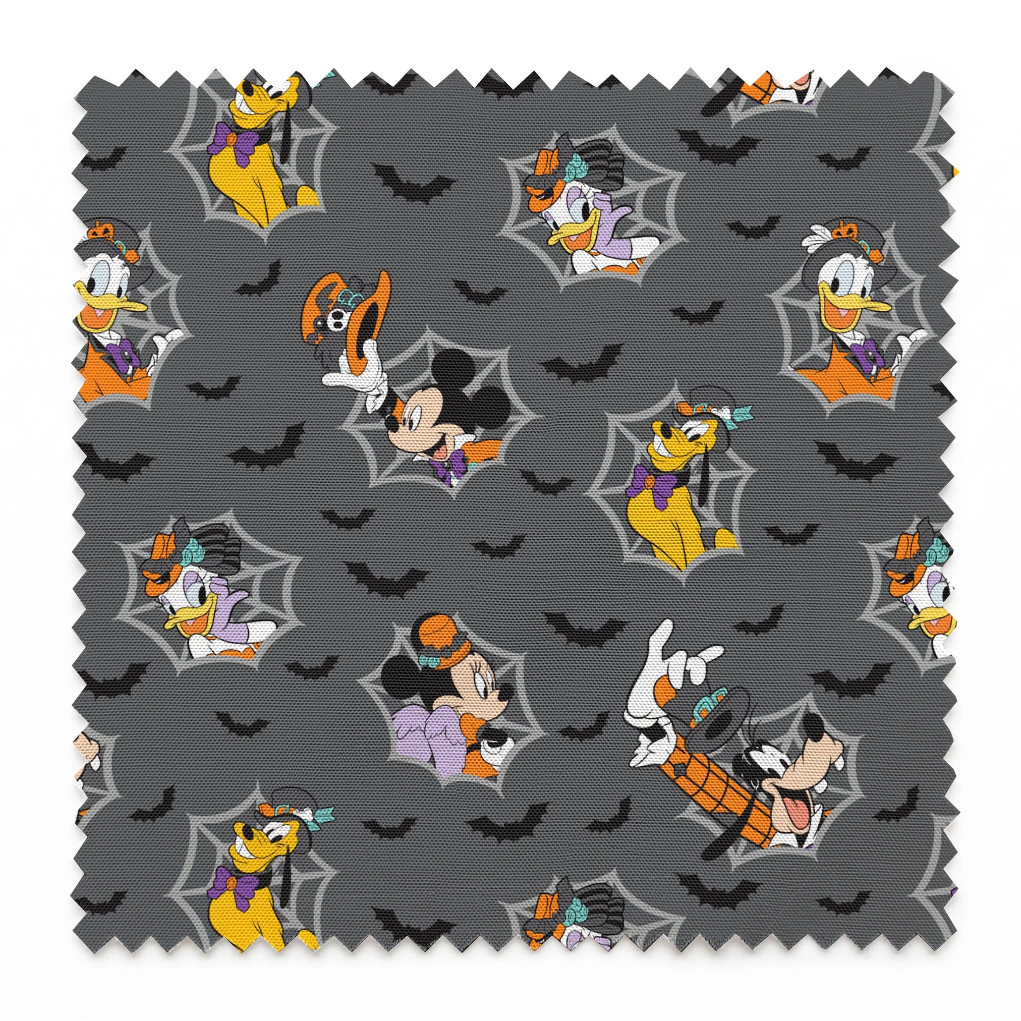 Disney cartoon characters in Halloween costumes on gray background with spider webs and bats springs swatch pinked