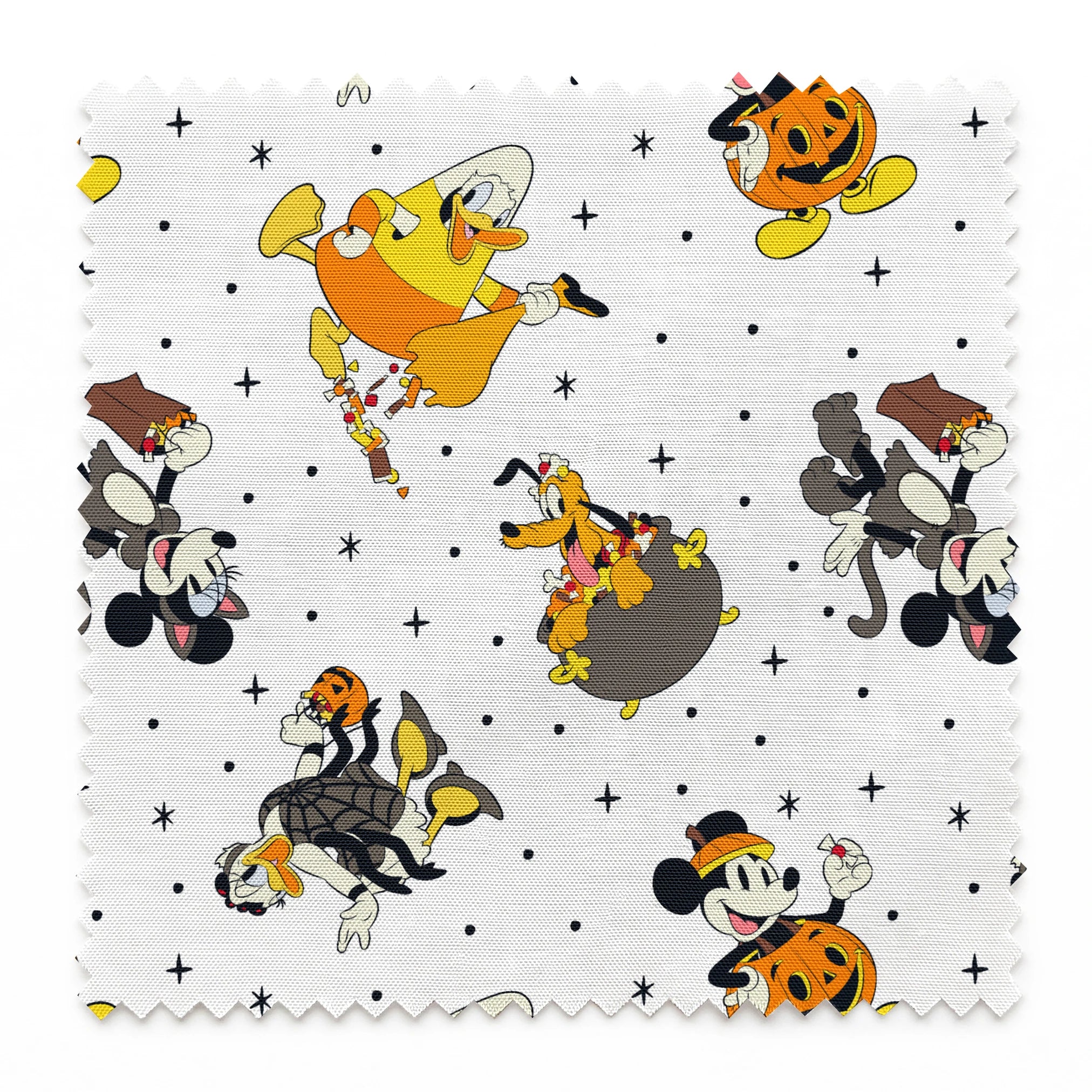 Disney characters in Halloween costumes on white background with stars - Mickey, Pluto, and friends in festive attire springs swatch pinked
