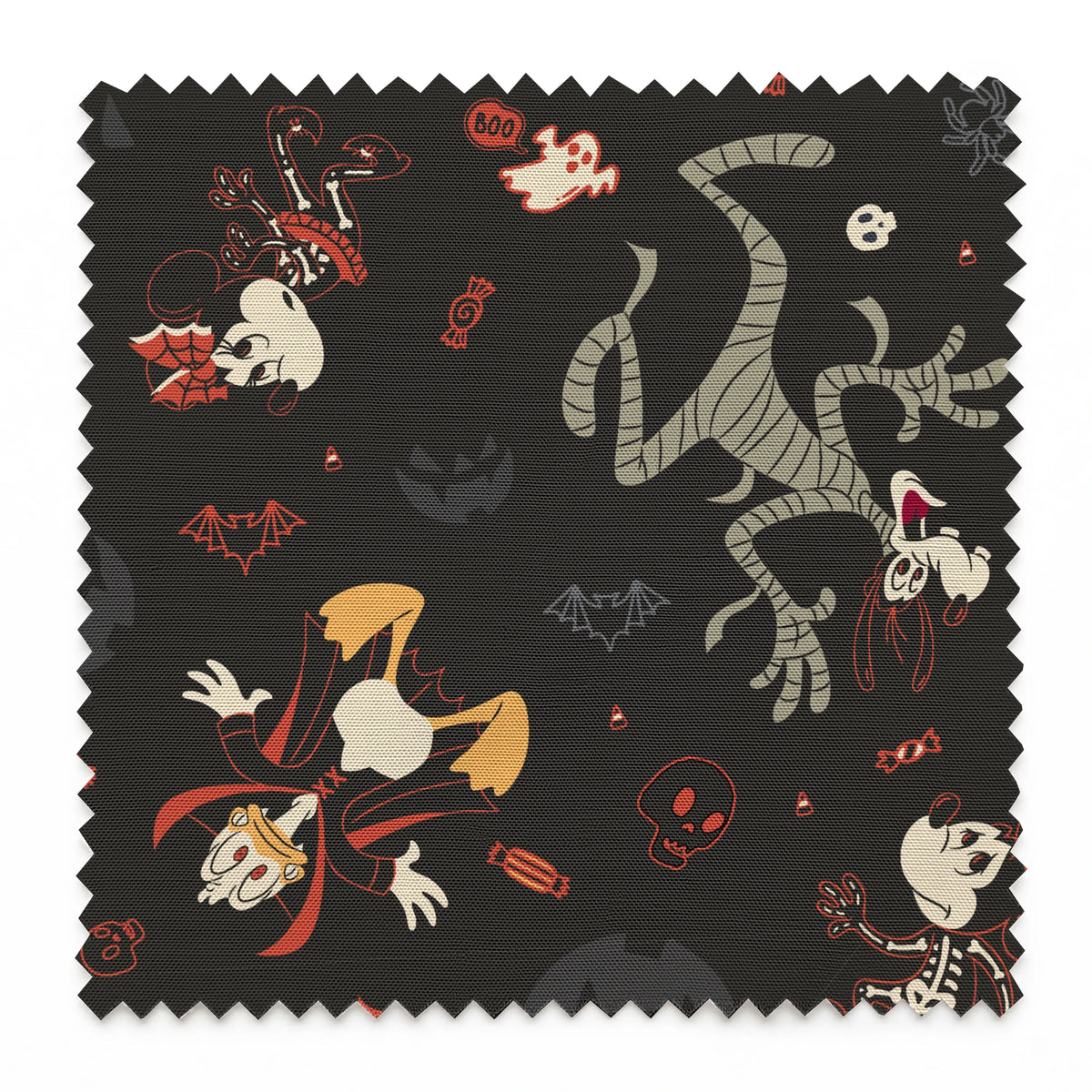 Disney Halloween pattern with Mickey & friends and candy on dark background springs swatch pinked