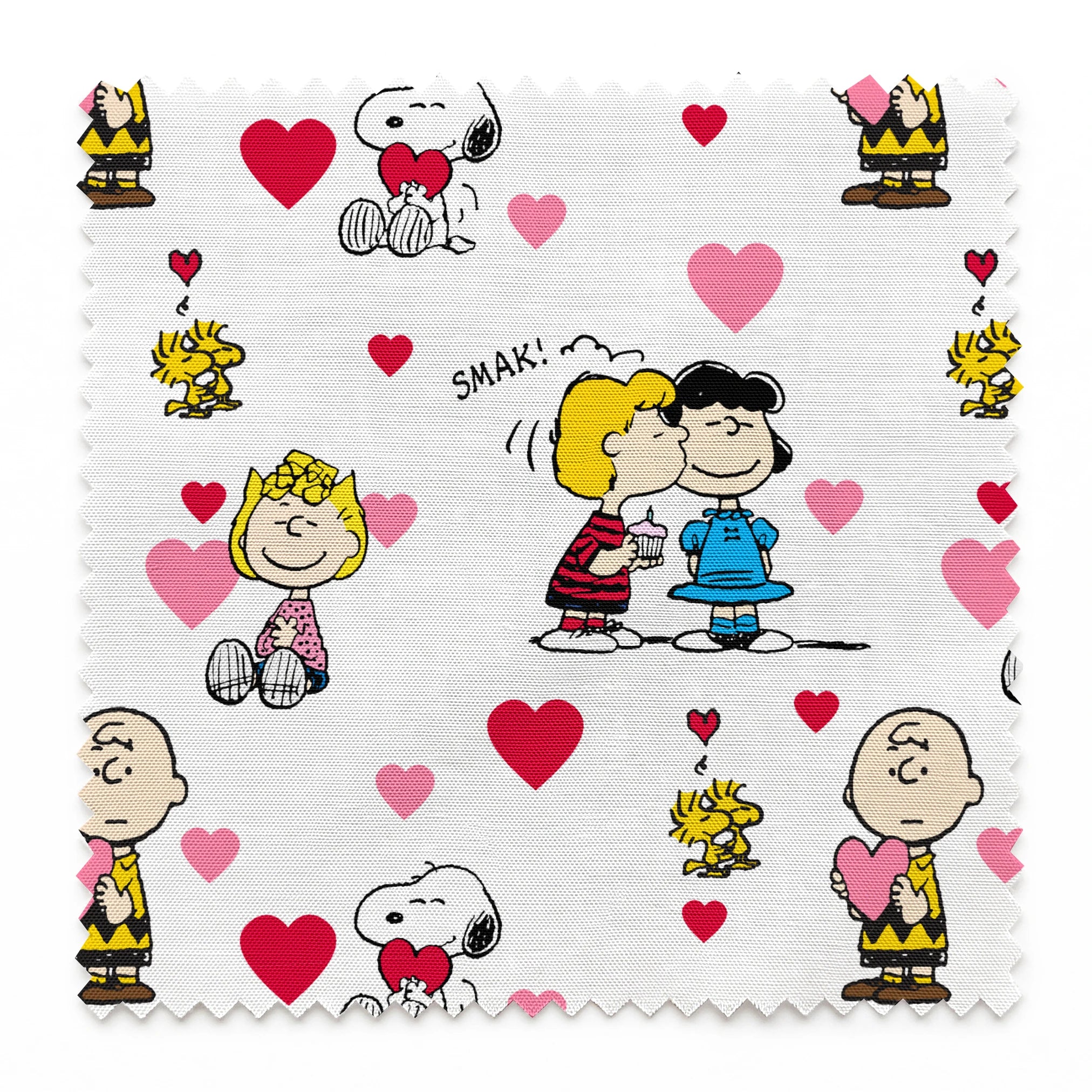 Peanuts cartoon characters with heart motifs, featuring Snoopy, Woodstock, and others in a Valentine's theme springs swatch pinked