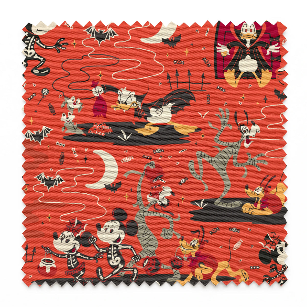 Halloween-themed Disney pattern with Mickey, Minnie, Donald in skeleton costumes on orange background with bats and moons springs swatch pinked