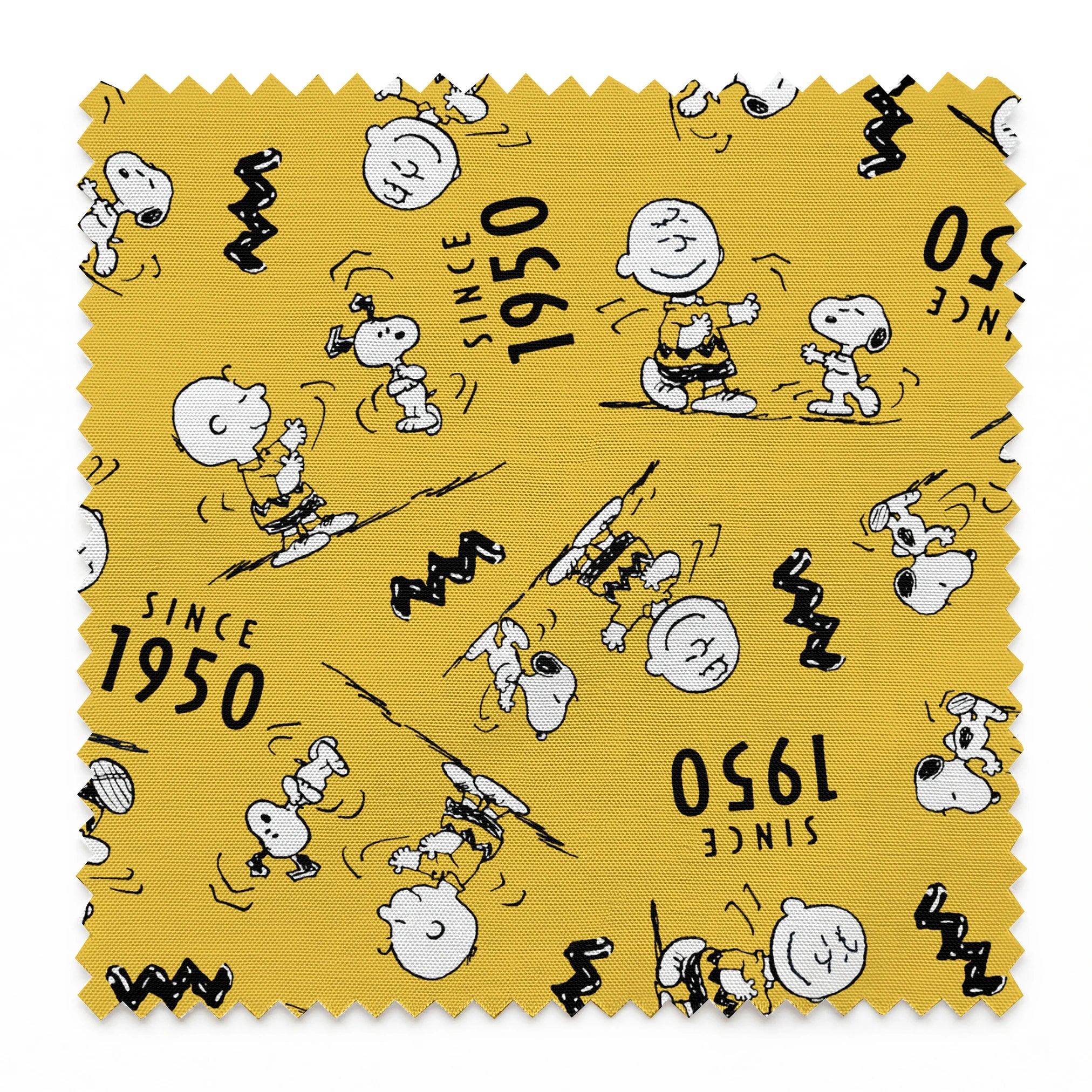 Peanuts cartoon pattern on yellow background with Snoopy and Charlie Brown, "Since 1950" text springs swatch pinked
