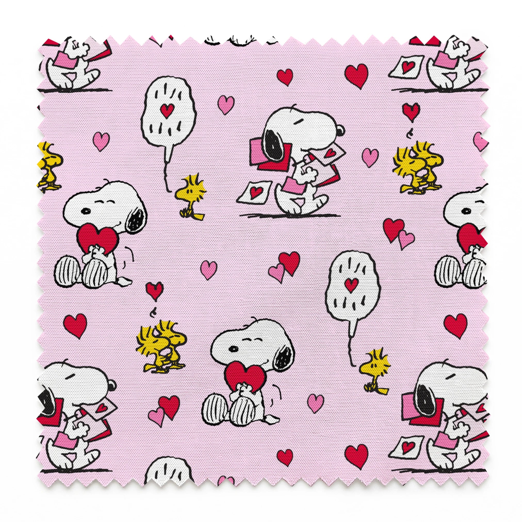 Valentine's pattern with Snoopy, Woodstock, and hearts on pink background, featuring love letters and speech bubbles. springs swatch pinked