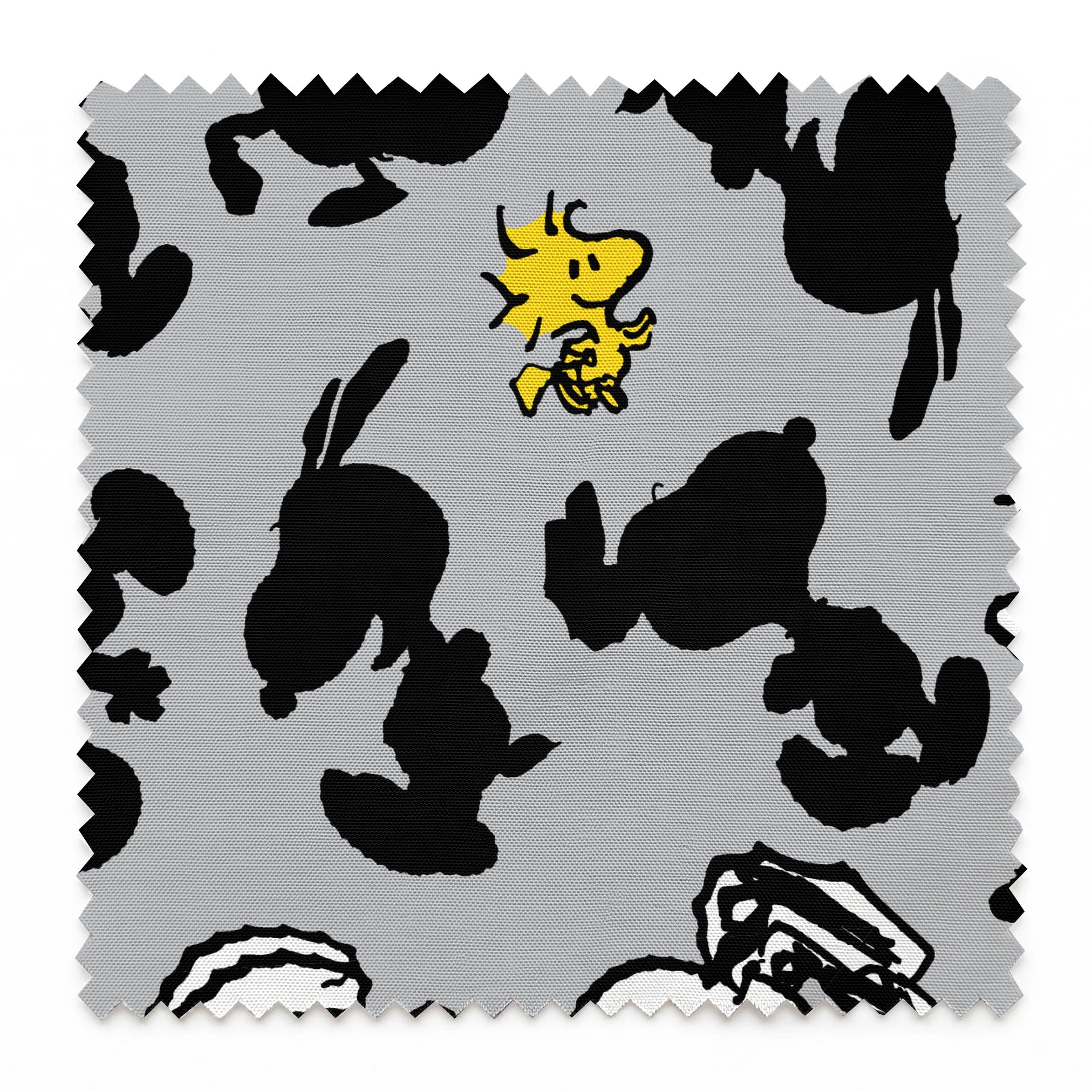 Pattern of Snoopy and Woodstock on gray background with black silhouettes springs swatch pinked