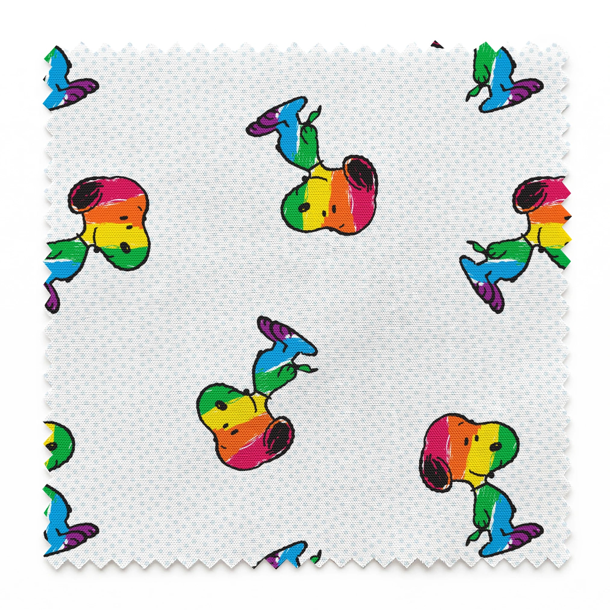 Colorful rainbow Snoopy in various poses on a dotted white background springs swatch pinked