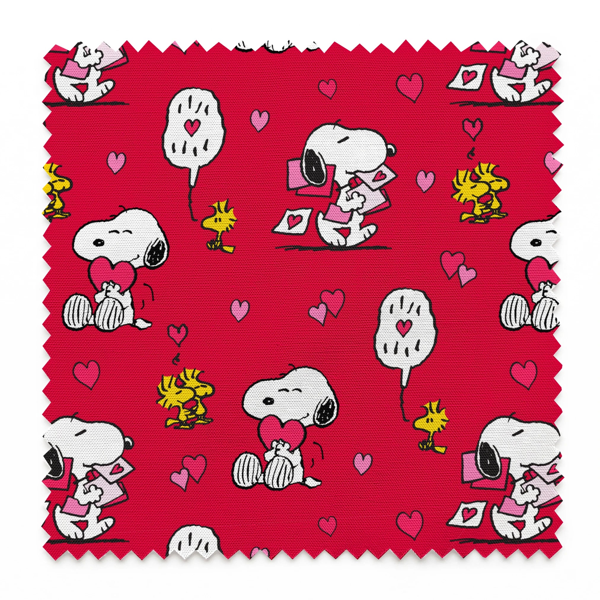 Snoopy and Woodstock pattern with hearts on bright red background, Valentine's theme springs swatch pinked