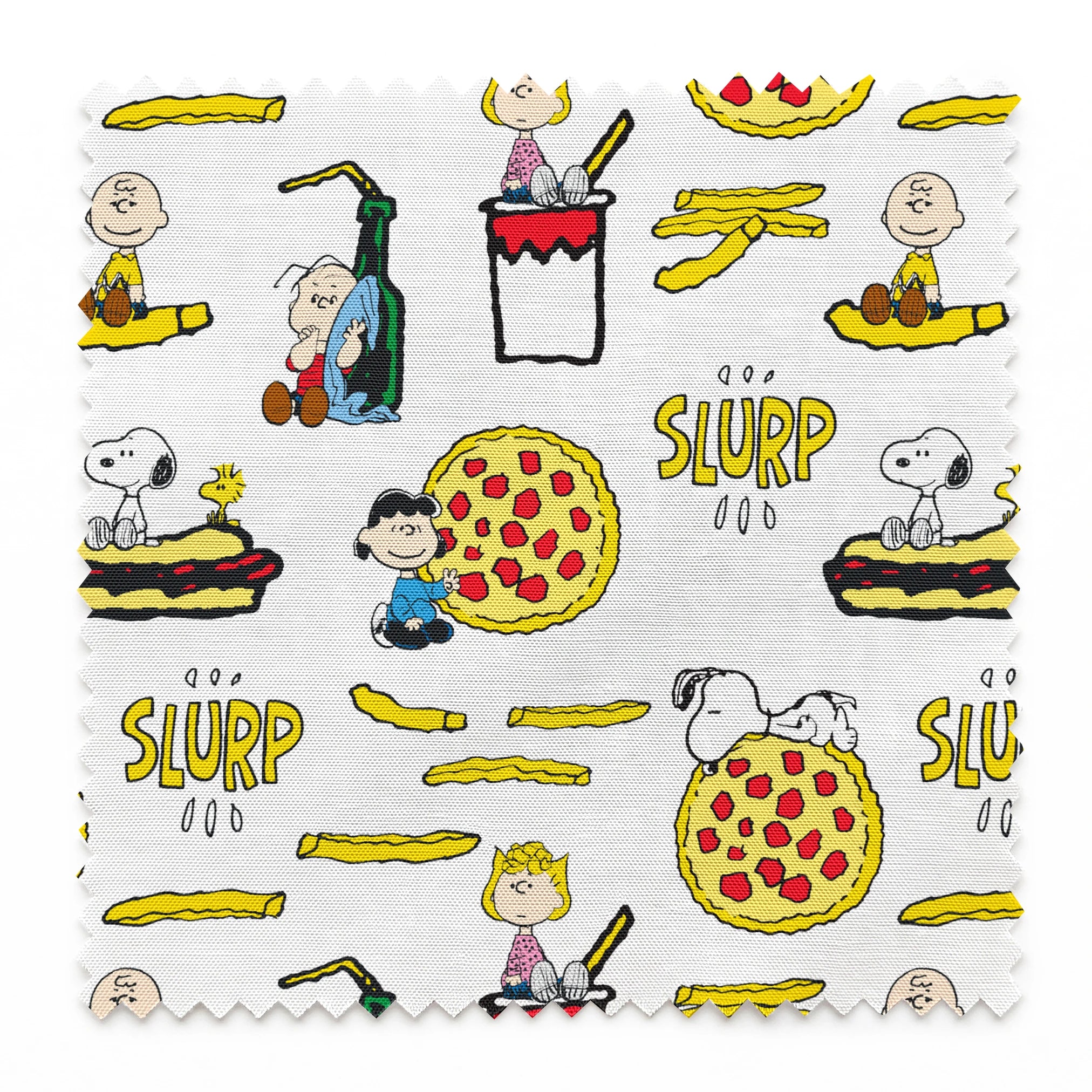 Peanuts cartoon characters with pizza, hot dogs, and "SLURP" text in a repeating pattern springs swatch pinked