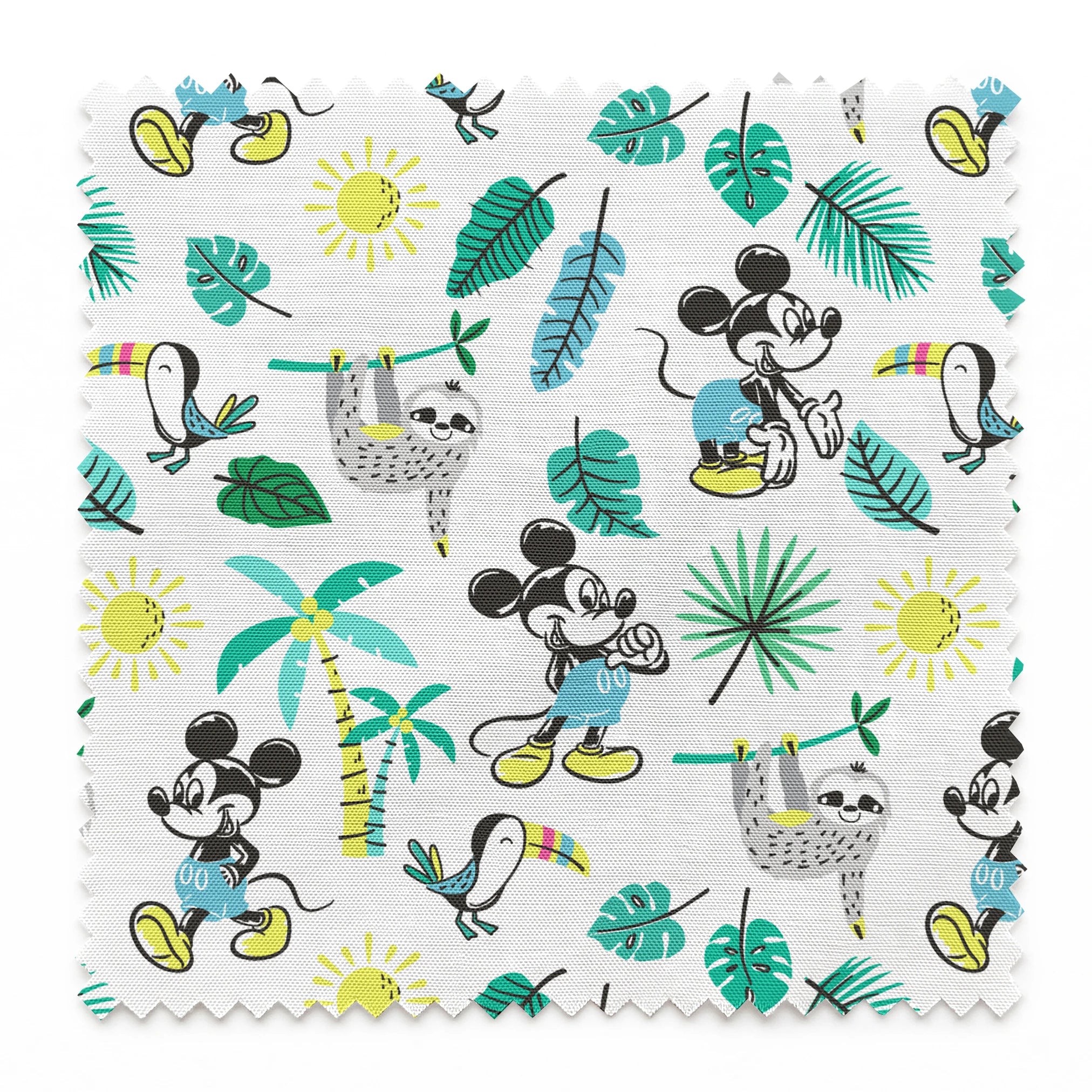 Tropical pattern with cartoon characters, sloths, toucans, palm leaves, and suns on white background springs swatch pinked