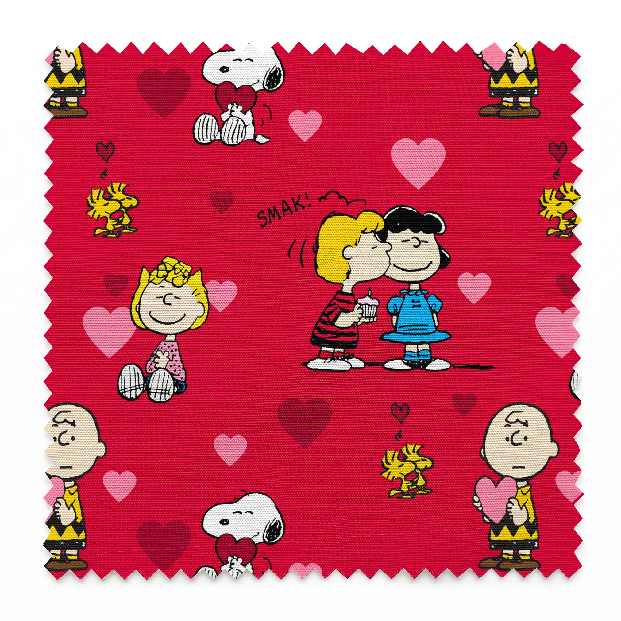 Peanuts characters on red background with hearts; Snoopy, Woodstock, and others in Valentine's theme springs swatch pinked