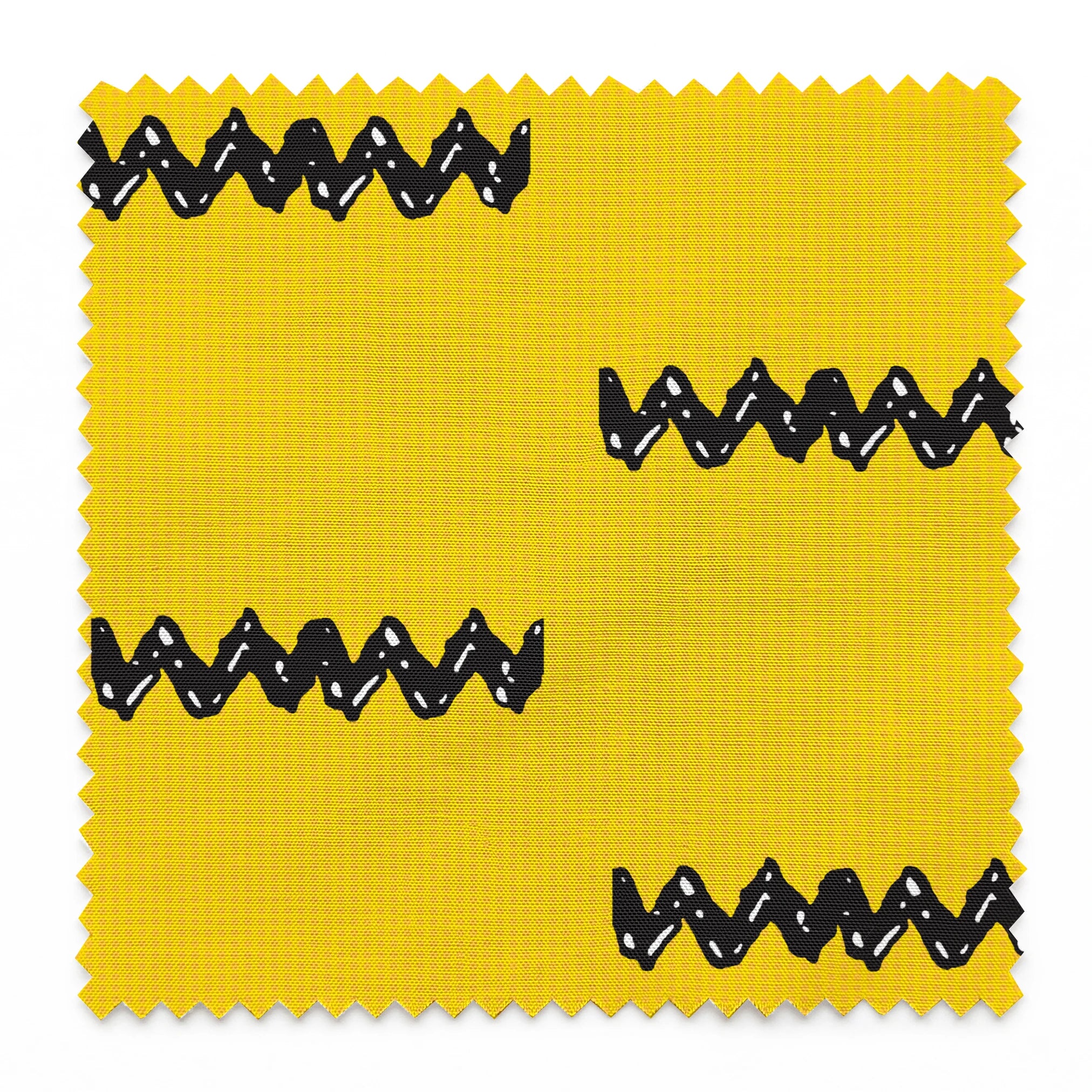 Black Charlie Brown zigzag patterns arranged in four rows against a bright yellow textured background springs swatch pinked