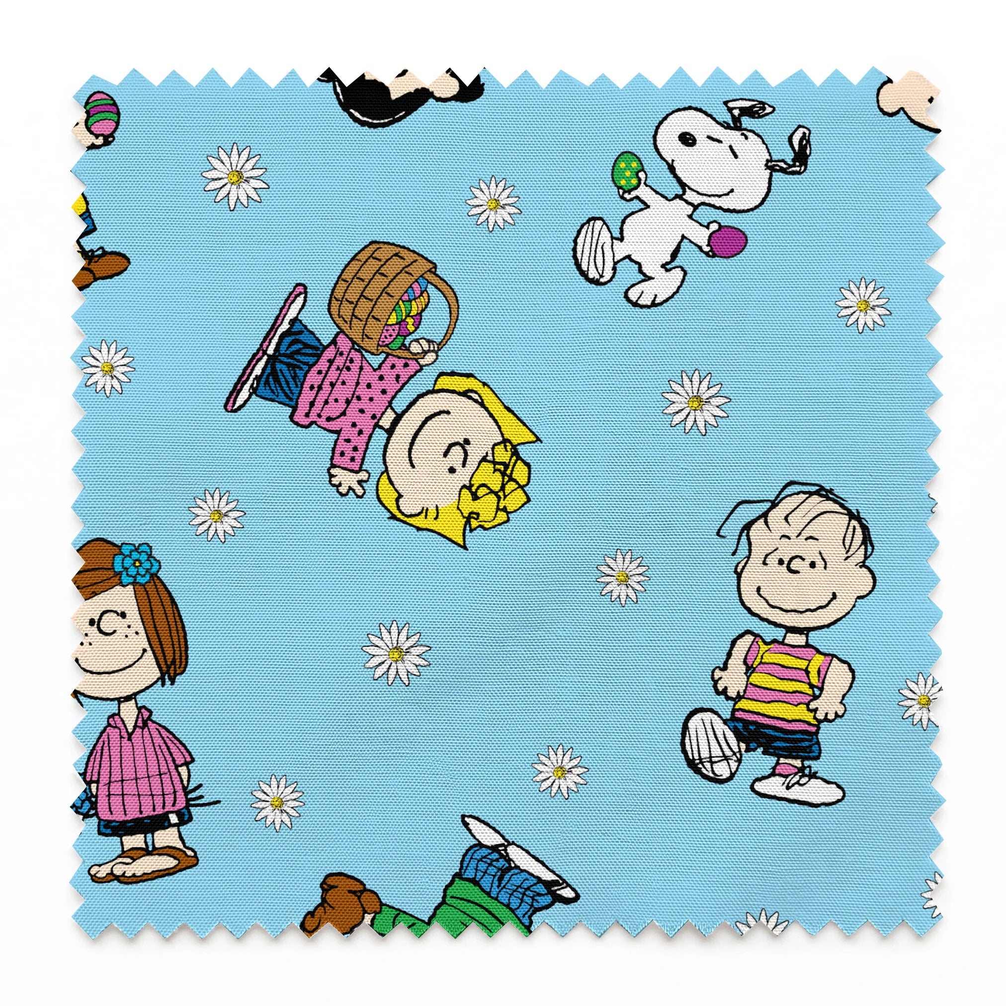 Peanuts cartoon characters scattered on light blue background with white daisies pattern springs swatch pinked