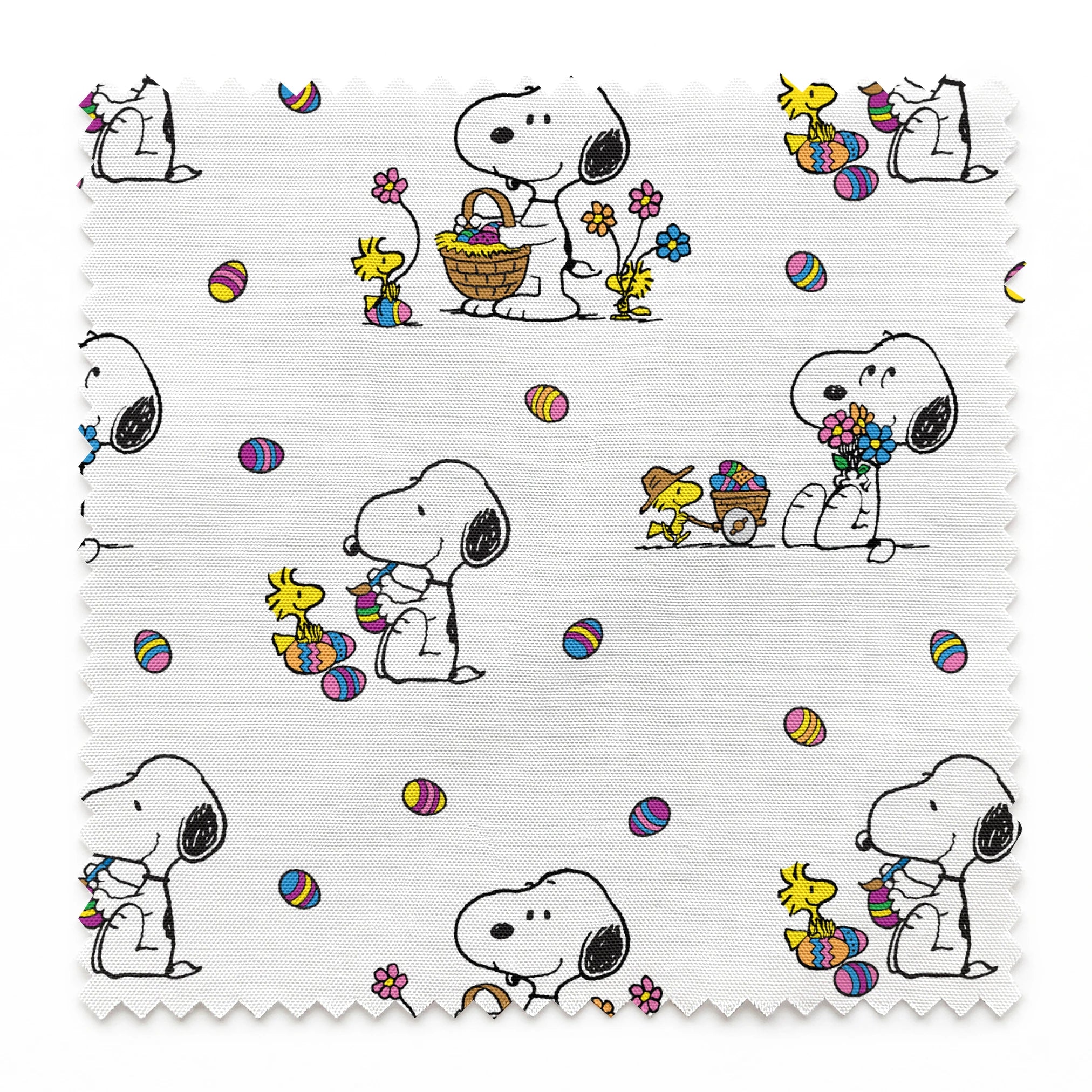 Cartoon pattern with Snoopy and Woodstock celebrating Easter with colorful eggs and baskets on white background springs swatch pinked